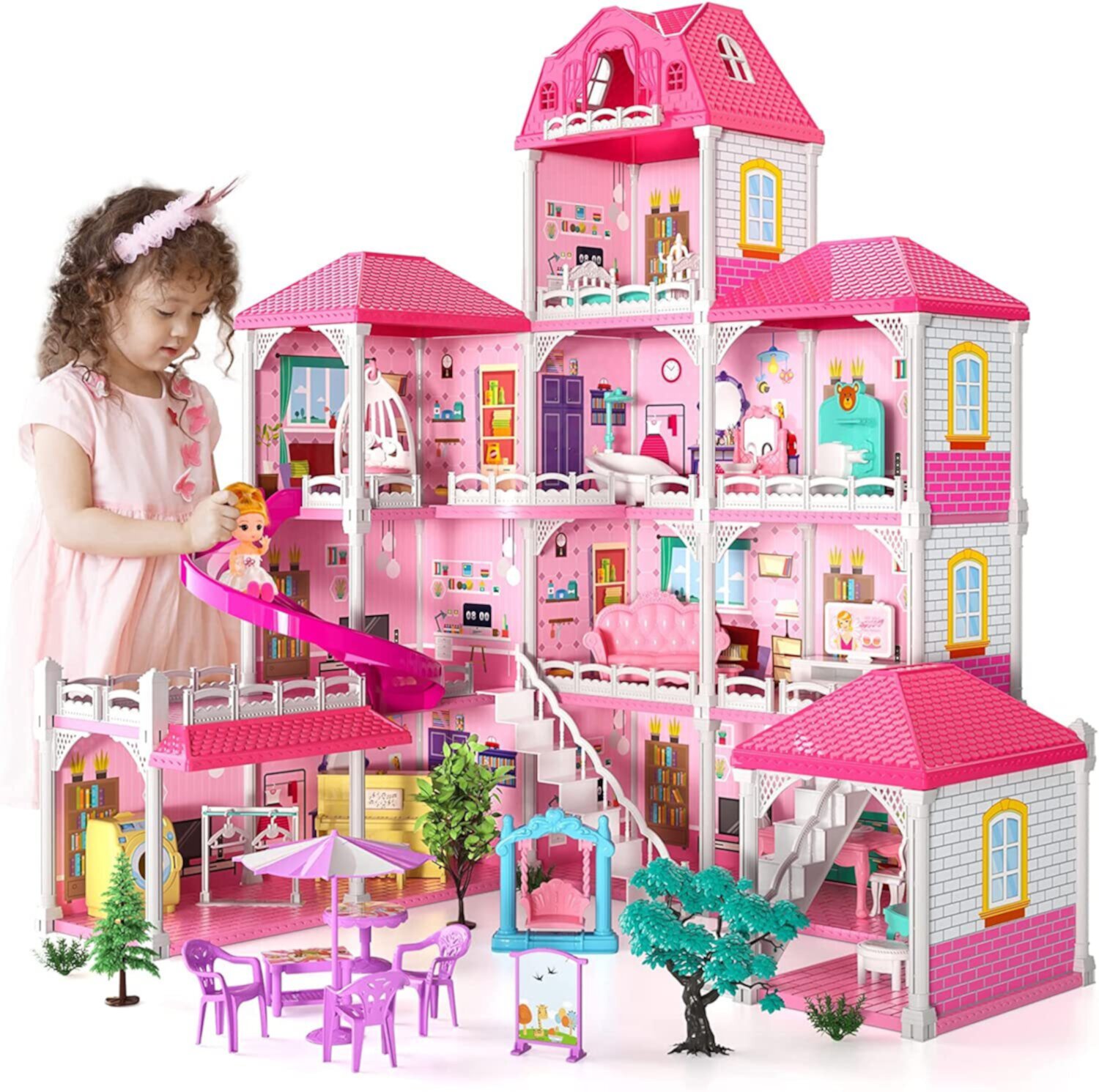 Beefunni Dollhouse for Girls,4 Stories 12 Rooms Dollhouse with 2 Princesses Slide Accessories,Toddler Playhouse Gift for for 3 -6 Year Old Girls Toys Beefunni