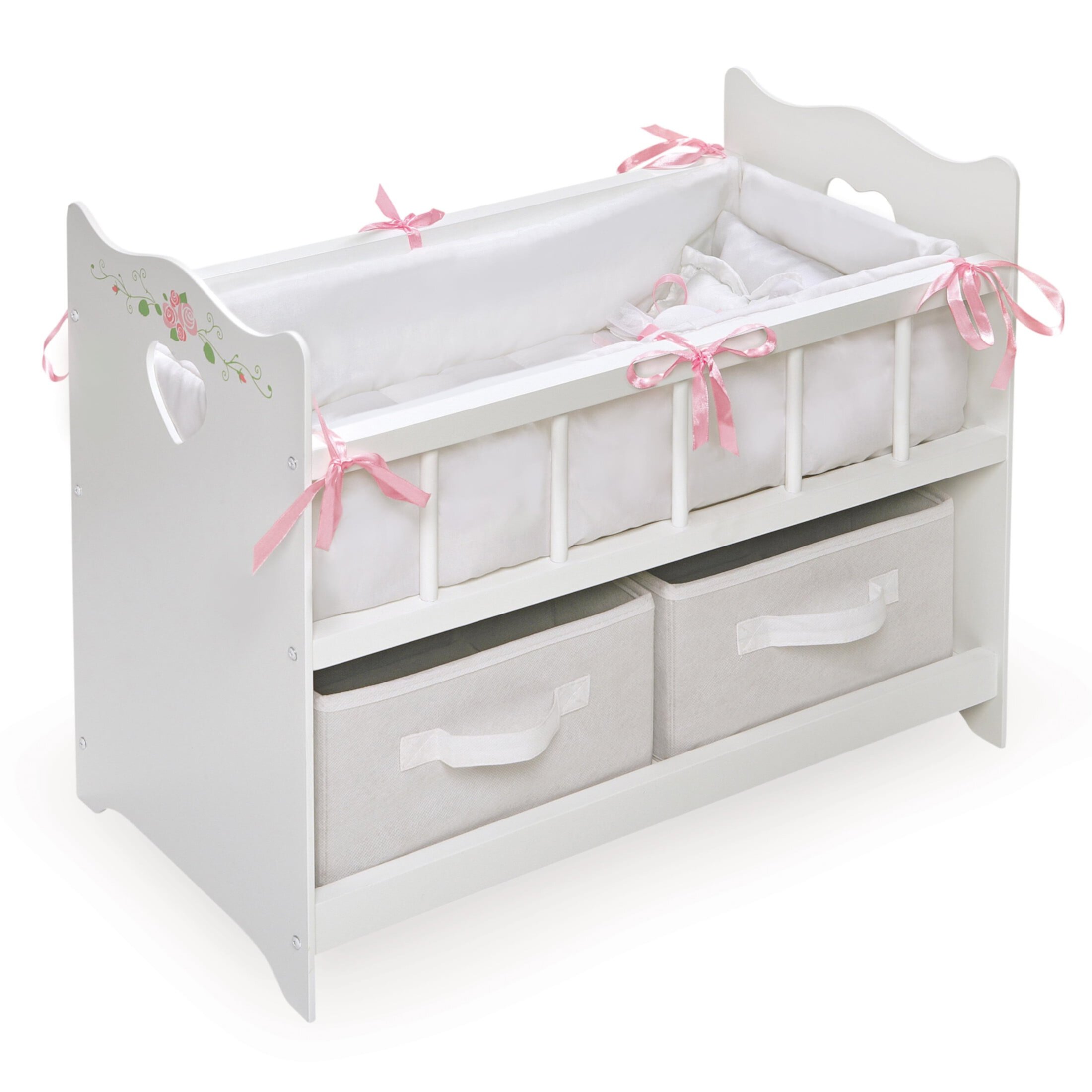 Doll Crib with Bedding, Two Baskets, and Free Personalization Kit - White Rose Badger Basket