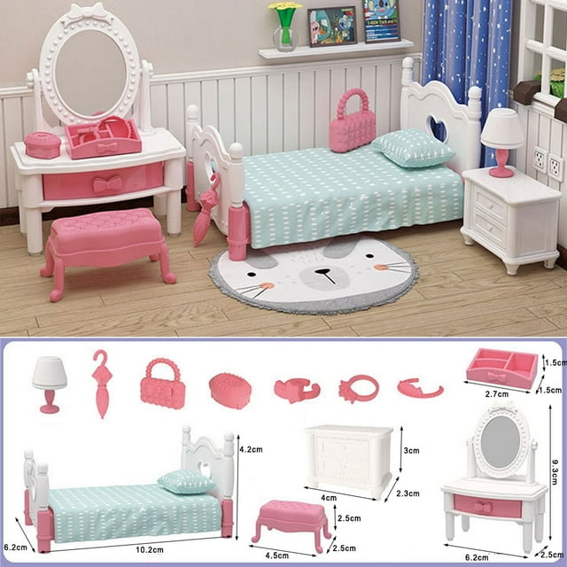 Dollhouse Furniture Bedroom Set, DIY Mini Accessories, Toys with Bed, Dresser, for Kids, Toddlers, Boys, Girls TITOUMI