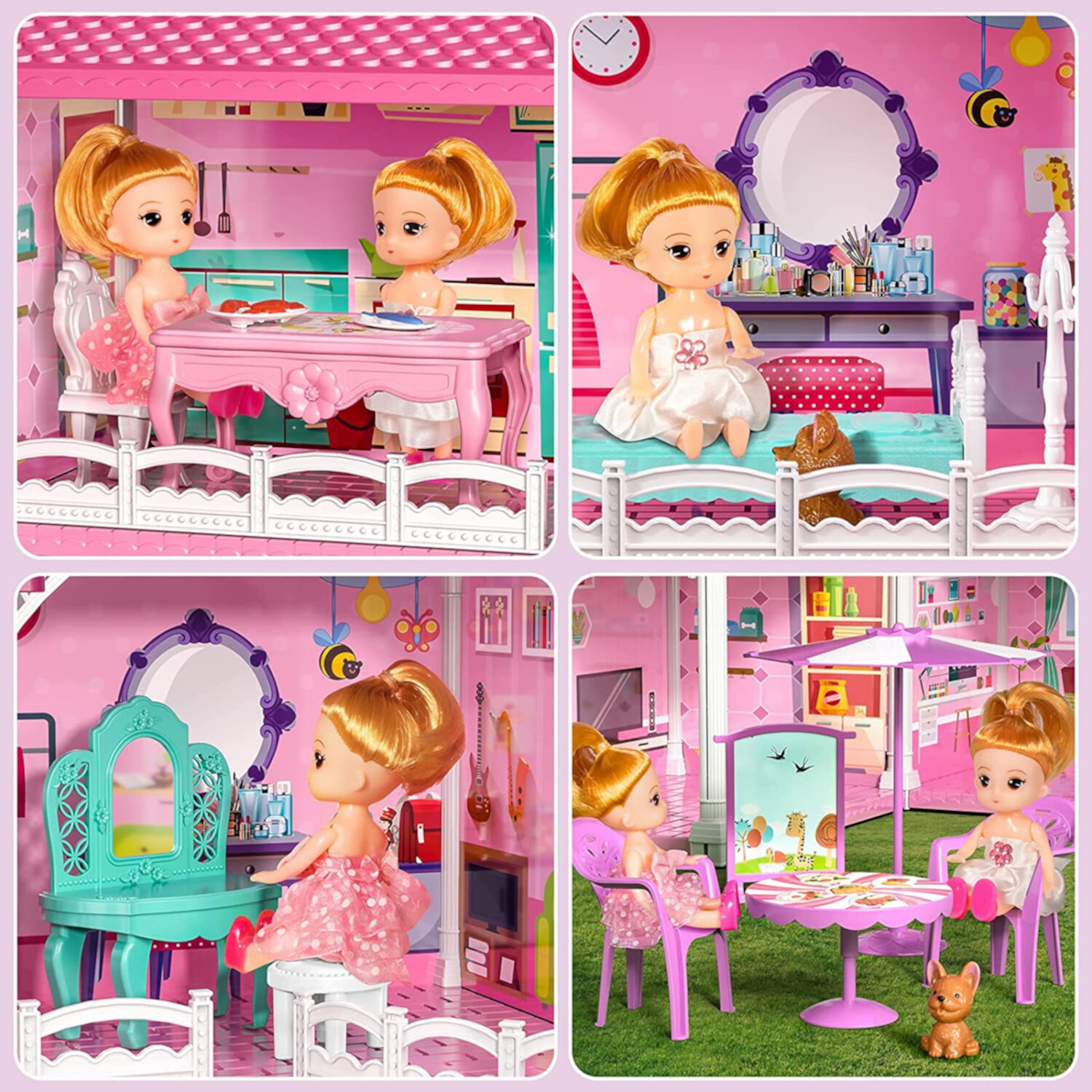 Hot Bee Kids Doll Houses Set for Girls 4-6, 8 Rooms Three-Story Villa with Two Dolls, 25 Inch Luxurious Doll Play House with Slide, Creative Birthday Christmas Gifts for Girls 3 4 5 6 Kids Hot Bee