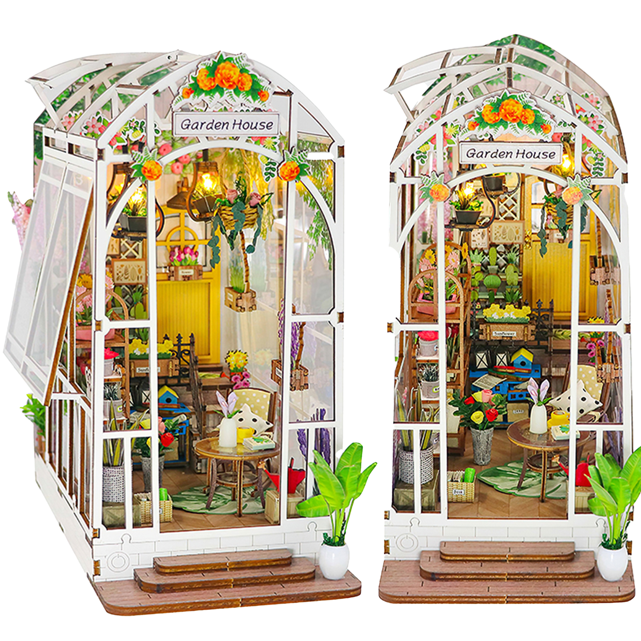 Crtynell Book Nook Kit Diy Miniature House, Wooden Bookshelf Garden Miniature Kit With Led Light Decorative Bookends, Best Birthday And Christmas Gifts For Women And Girls (Garden House) Crtynell