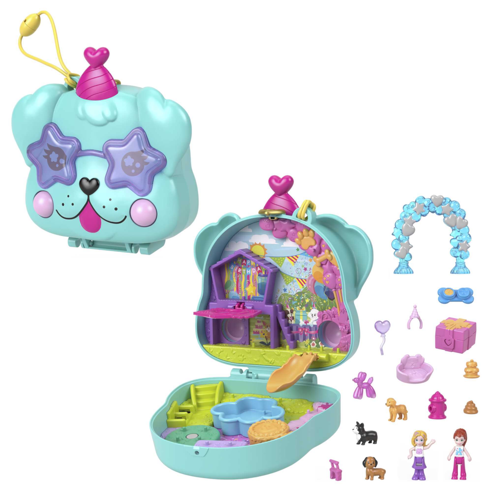 Polly Pocket Doggy Birthday Bash Compact Playset with 2 Micro Dolls & Accessories, Travel Toys Polly Pocket