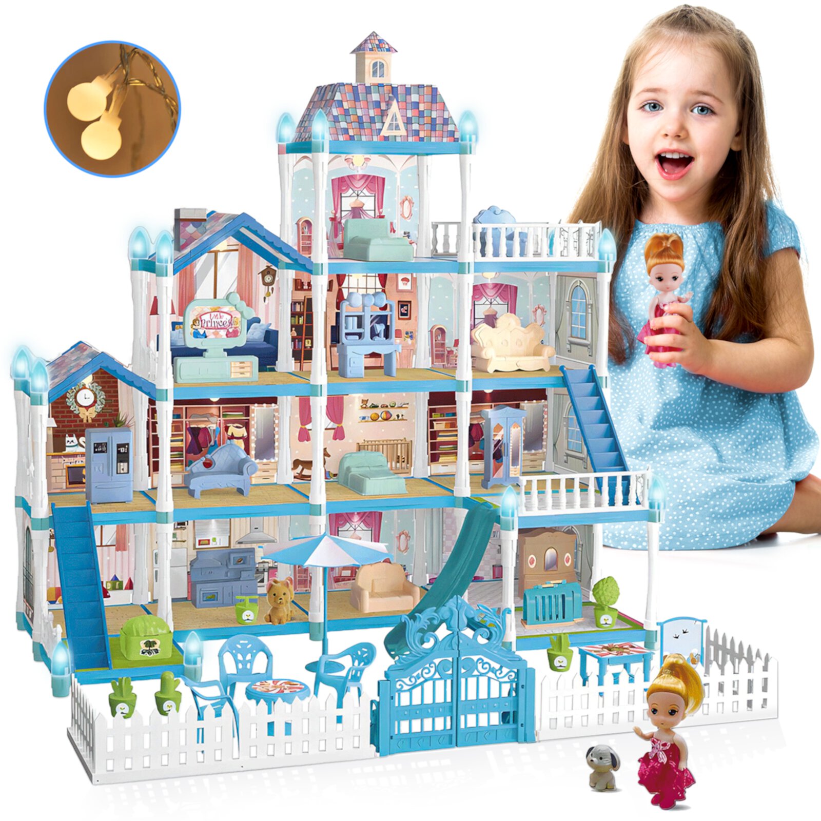 HopeRock Princess DollHouse Playset for Girls 3 4 5 6 7 Years Old, Doll house Kit with Furniture Accessories and Light , Birthday Christmas Gift Toy for Todler Girls HopeRock