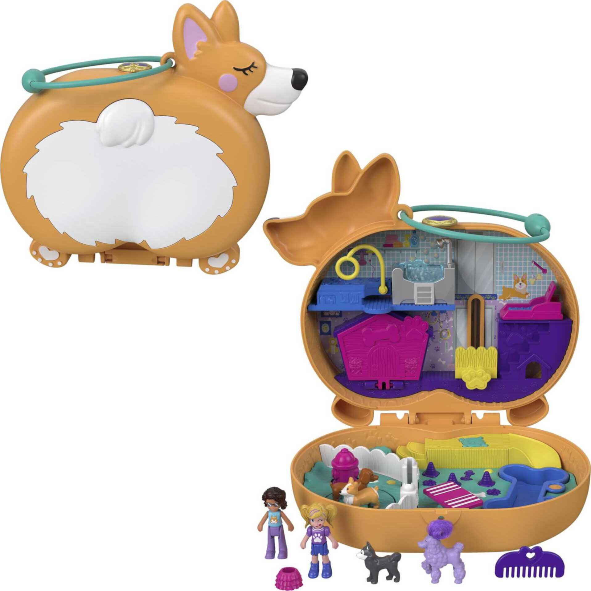 Polly Pocket Corgi Cuddles Compact Playset with 2 Micro Dolls & Accessories, Travel Toys Polly Pocket