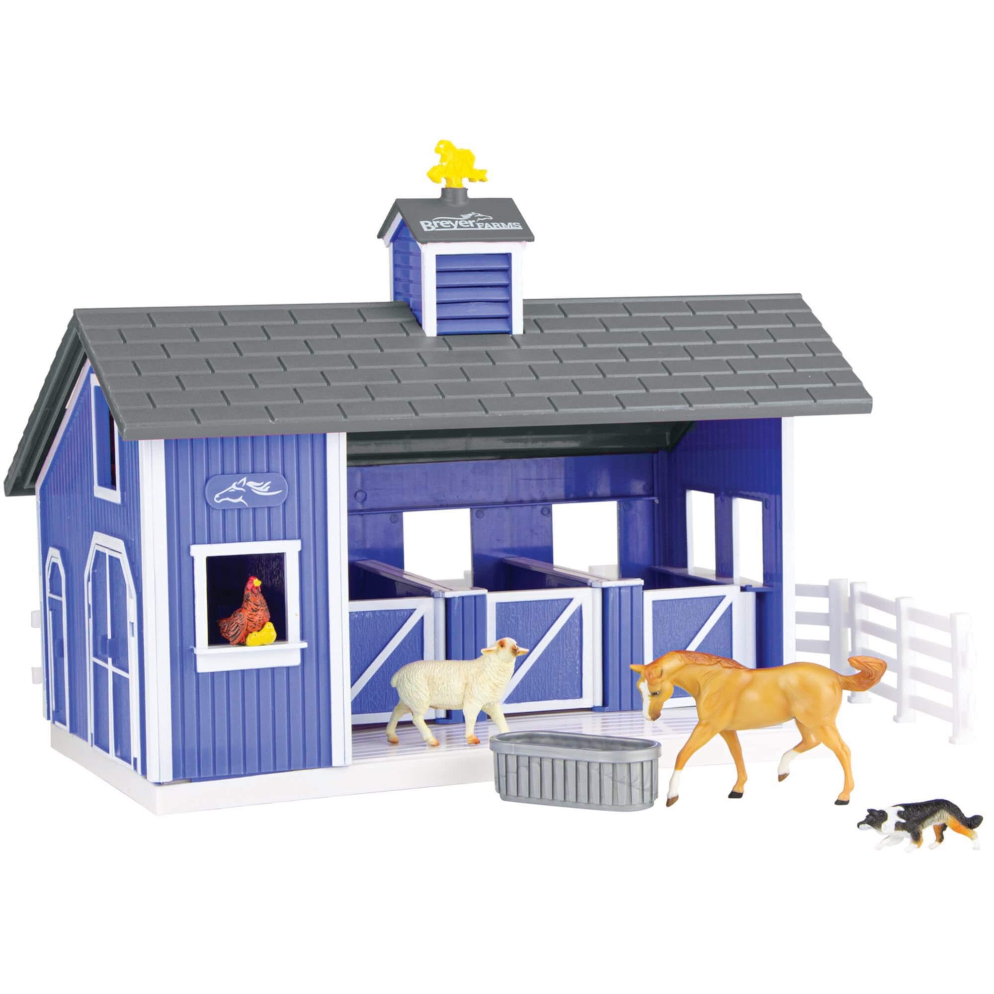 Breyer Horses Breyer Farms Home at The Barn Playset | 10 Piece Playset | 1 Stablemates Horses Included | 15" L x 4" W x 10" H | 1:32 Scale | Model 59241 , Blue BREYER