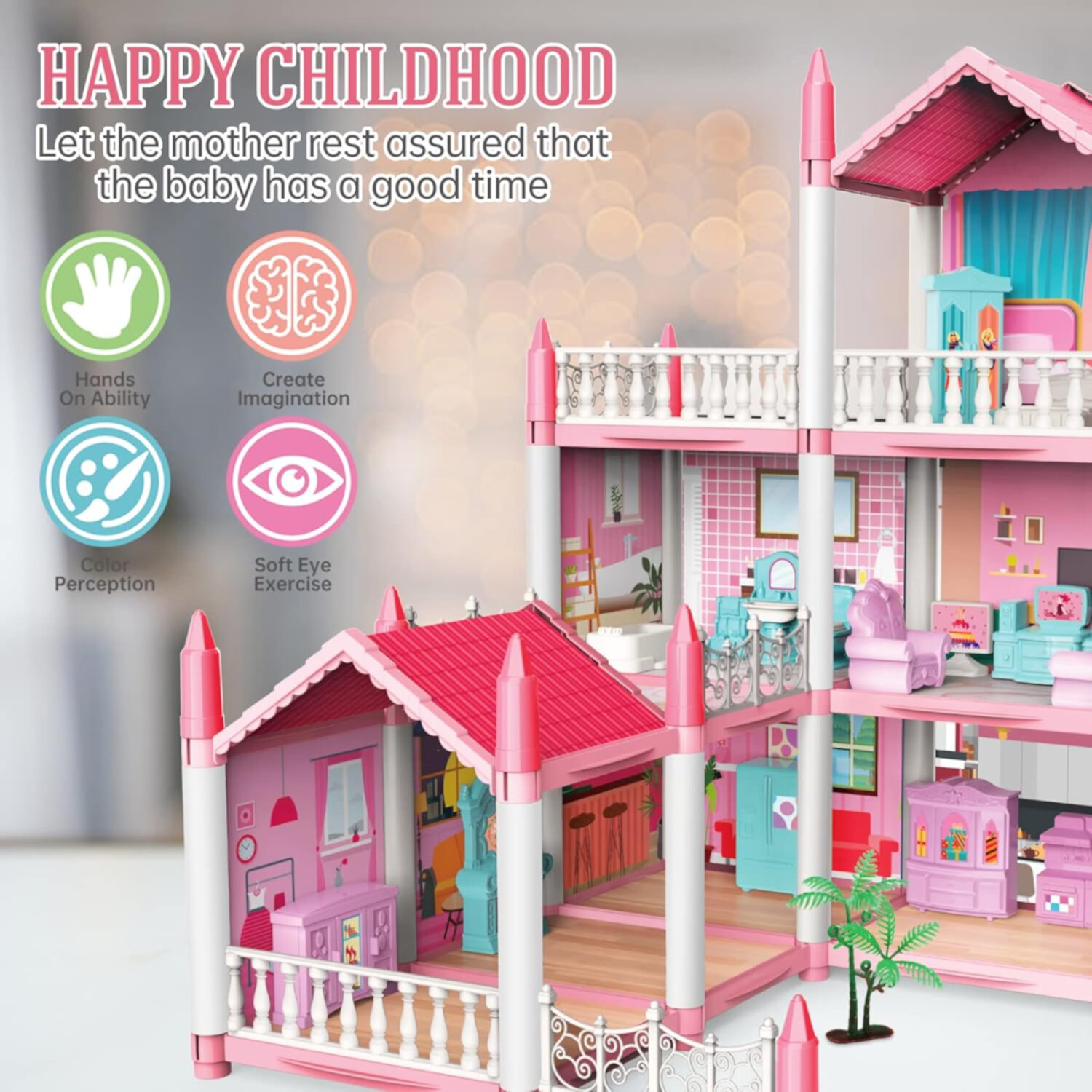 Dollhouse Girls Dreamhouse Playset,14 Room Dollhouse with 4 Doll Toy Figure, Furniture and Accessories, Color Lights, Play House Gift Toys for Kids Ages 3+ Mgaxyff