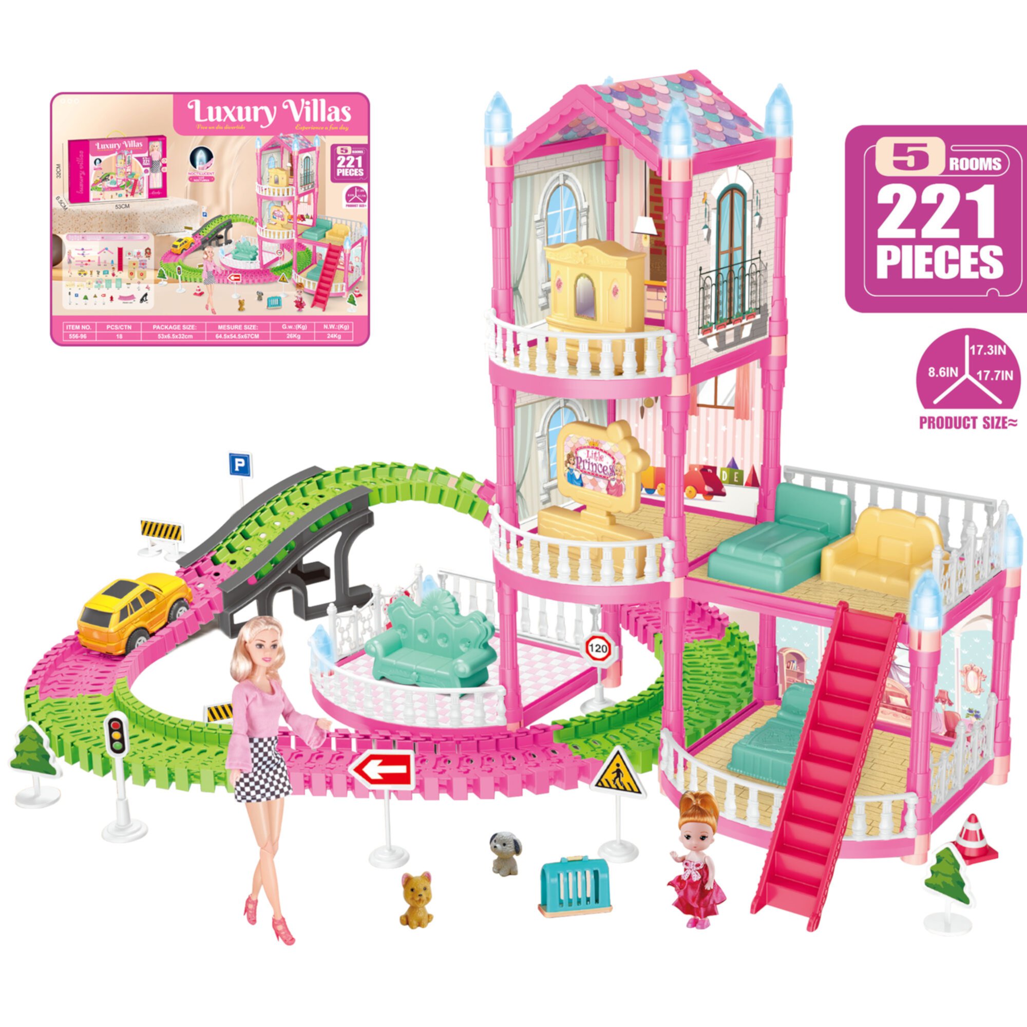 Kid Odyssey Play Dollhouse with Track Car, Princess Playhouse with 2 dolls, 5 rooms and Pet Basket, Doll House for Girls 3-8 year old, Pink Kid Odyssey