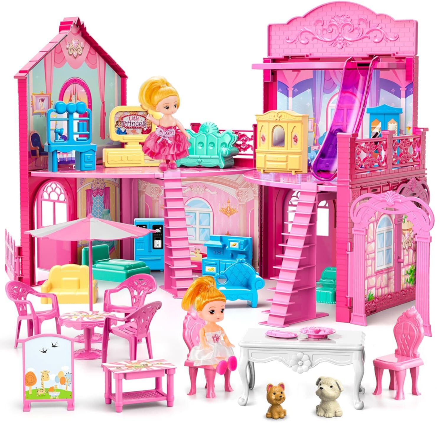 Kid Odyssey Doll House Playset, Princess Dollhouse Including 2 Dolls, Toy Furniture&2-Story Slide, Pet Play Areas(No Assembly Required) Kid Odyssey