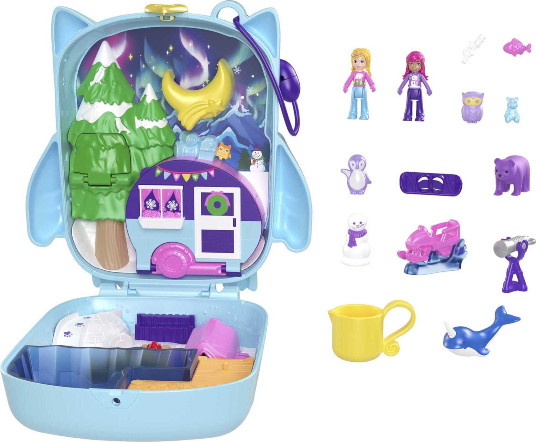 Polly Pocket Pajama Party Snowy Sleepover Owl Compact Playset with 2 Micro Dolls, Multi-Color Polly Pocket