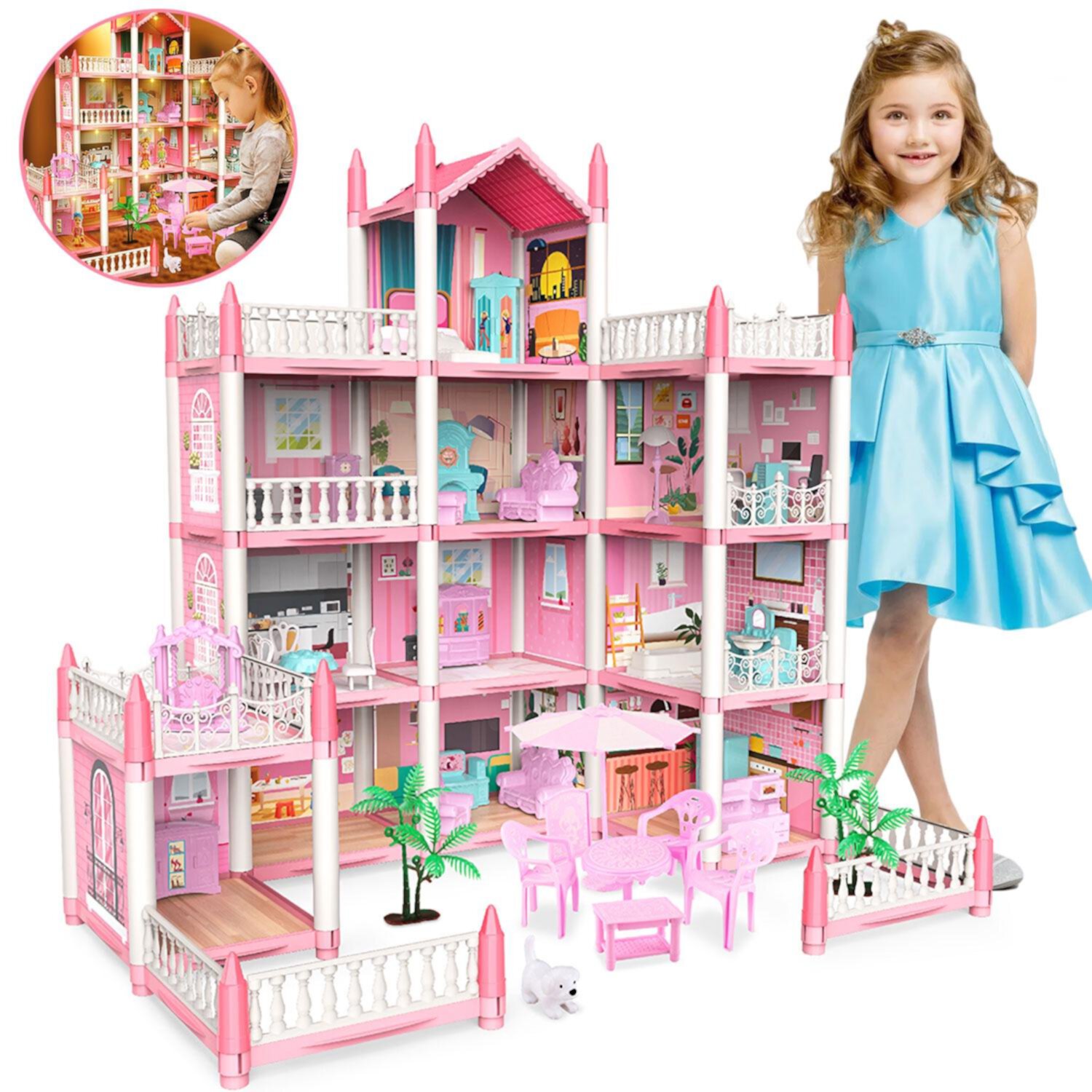 Kid Odyssey Play Dollhouse with 4 Doll Toy Figures, 11 Rooms Furniture and and Colorful Lights, Creative Doll House Gift for Girls Ages 3+, Assemble Required, Pink Kid Odyssey