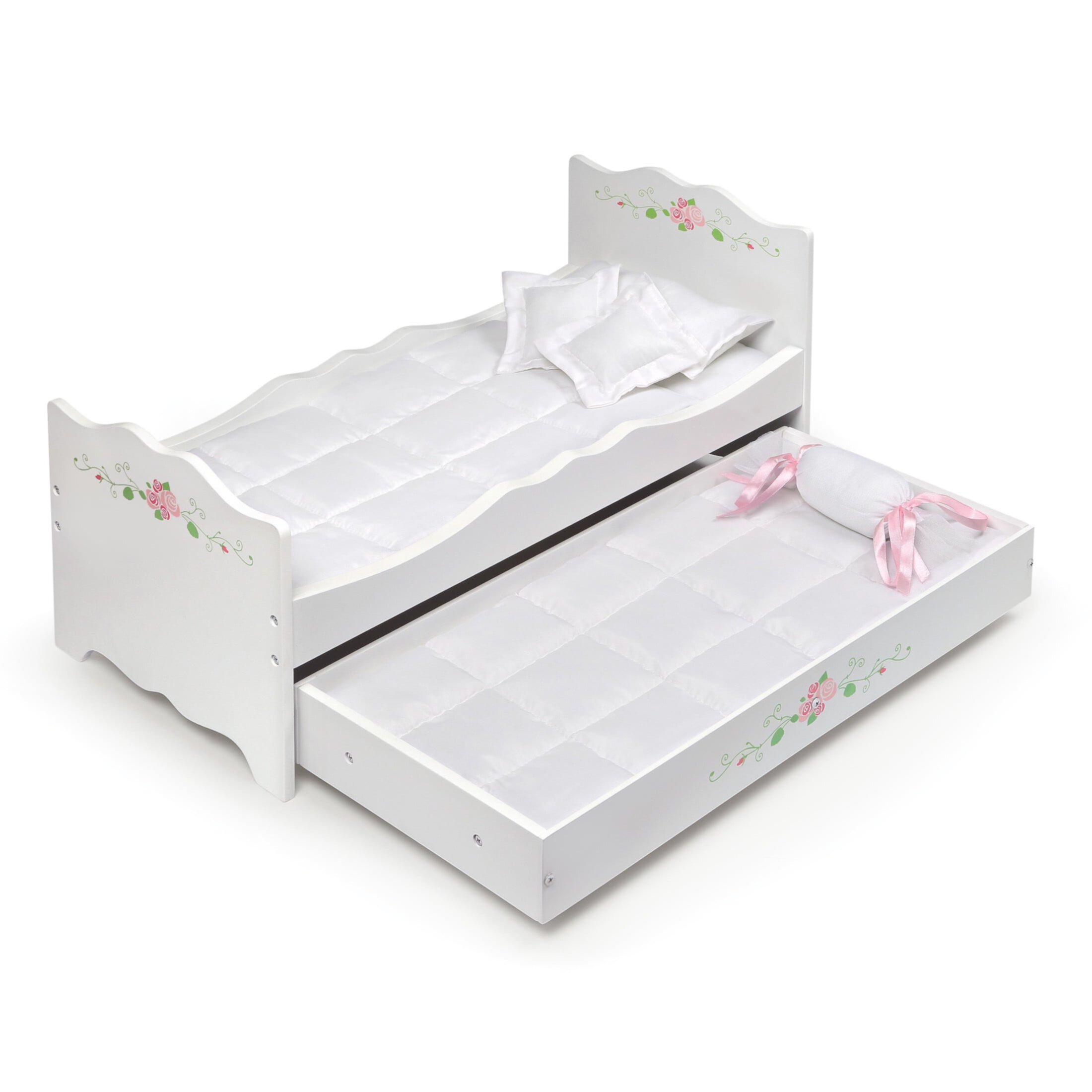 Doll Bed with Bedding and Free Personalization Kit - White Rose Badger Basket