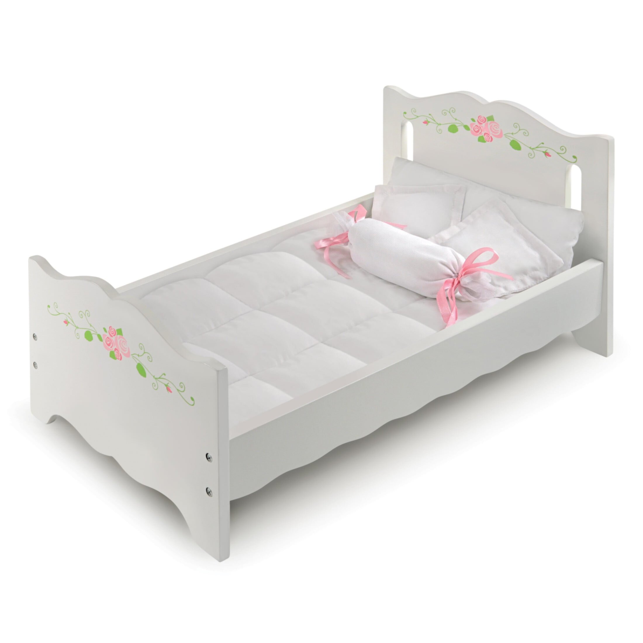 Doll Bed with Trundle and Bedding - White Rose Badger Basket