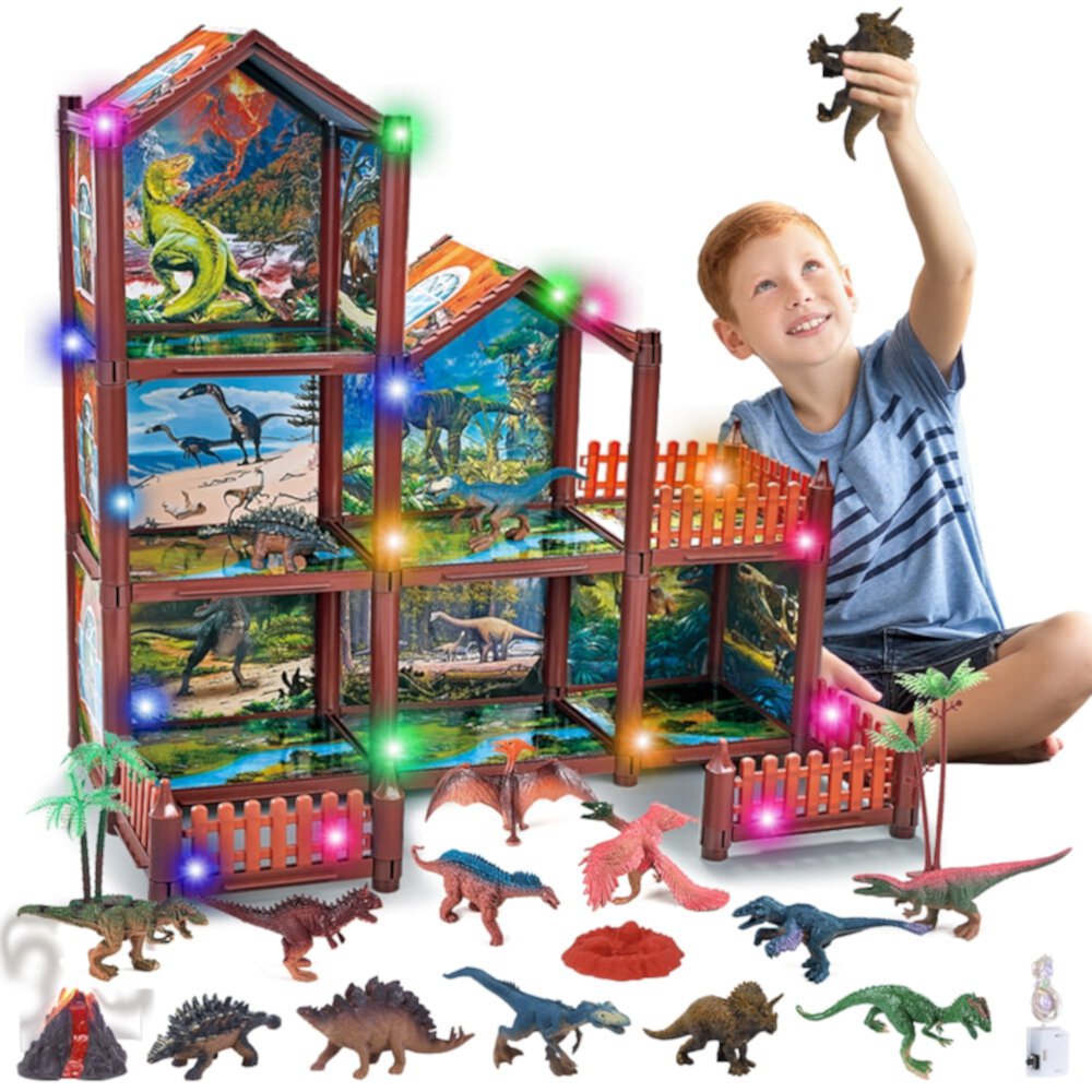 JoyStone Dinosaur 6 Rooms House for Boys with 4 dinosaur , DIY Dinosaur Figure Mountain Playset Pretend Play House Accessories for Kids Ages 6-12, Christmas and Birthday Gift JoyStone