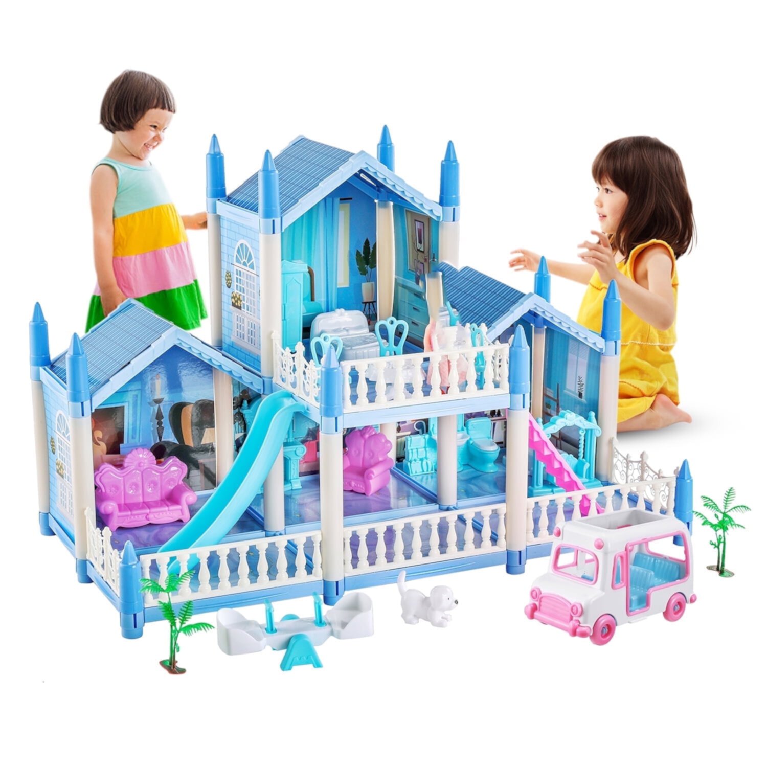 Zacro Girls Dollhouse, 3 Room Dollhouse with Toy Figure, Furniture and Accessories, Color Lights, Steam Chimney, Play House Gift Toys for Kids Ages 3+ Zacro