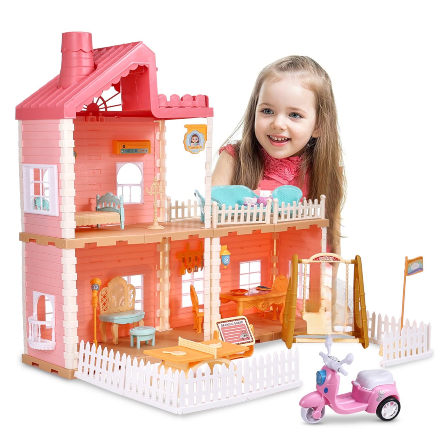 Zacro Girls Dollhouse, 3 Room Dollhouse with Toy Figure, Furniture and Accessories, Color Lights, Steam Chimney, Play House Gift Toys for Kids Ages 3+ Zacro