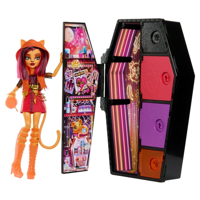 (2 pack) Monster High Skulltimate Secrets: Neon Frights Toralei Stripe Fashion Doll & Dress Up Werecat Locker Monster High