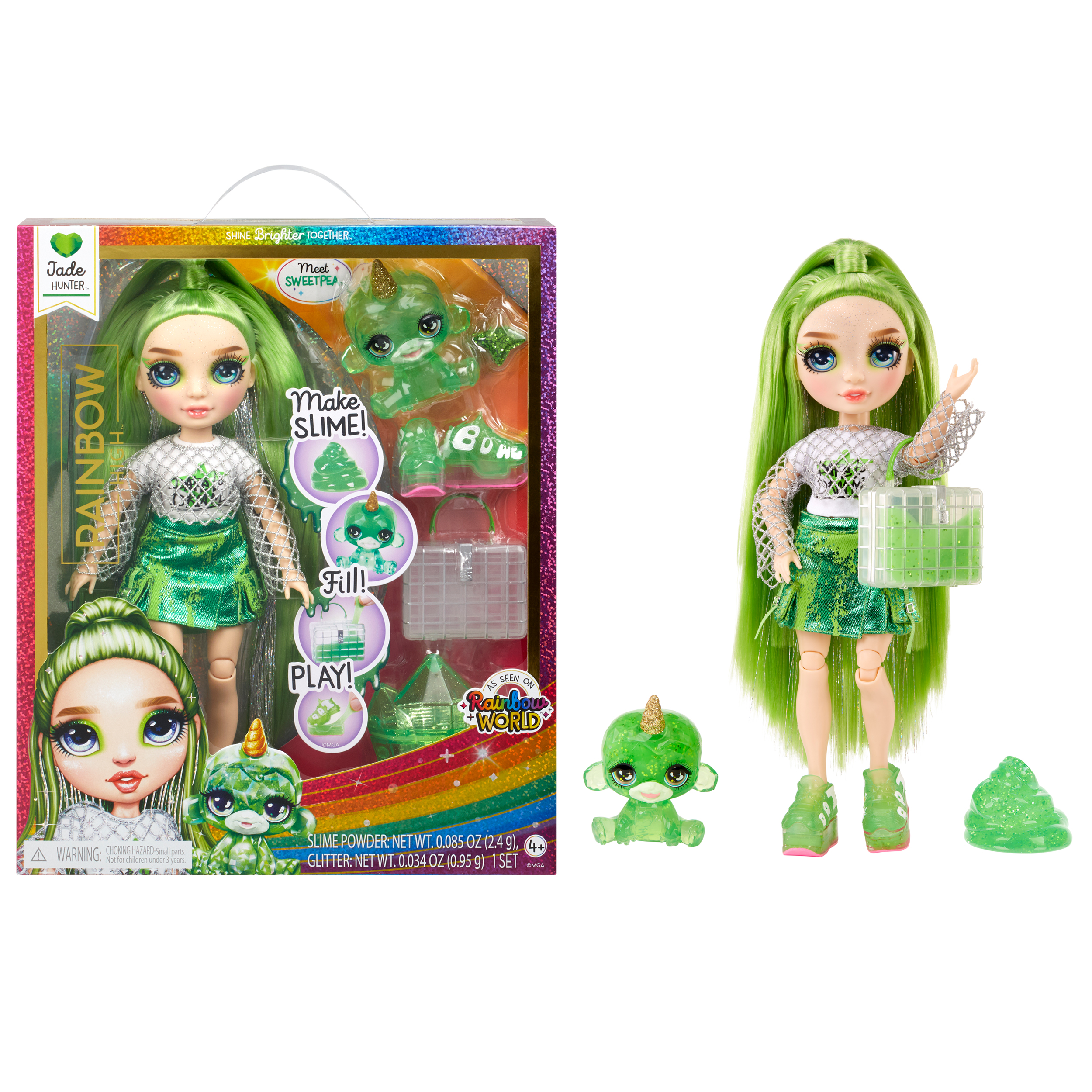 Rainbow High Jade (Green) with Slime Kit & Pet, 11” Shimmer Doll, DIY Sparkle Slime, Magical Yeti, Kids Gift 4-12 Rainbow High