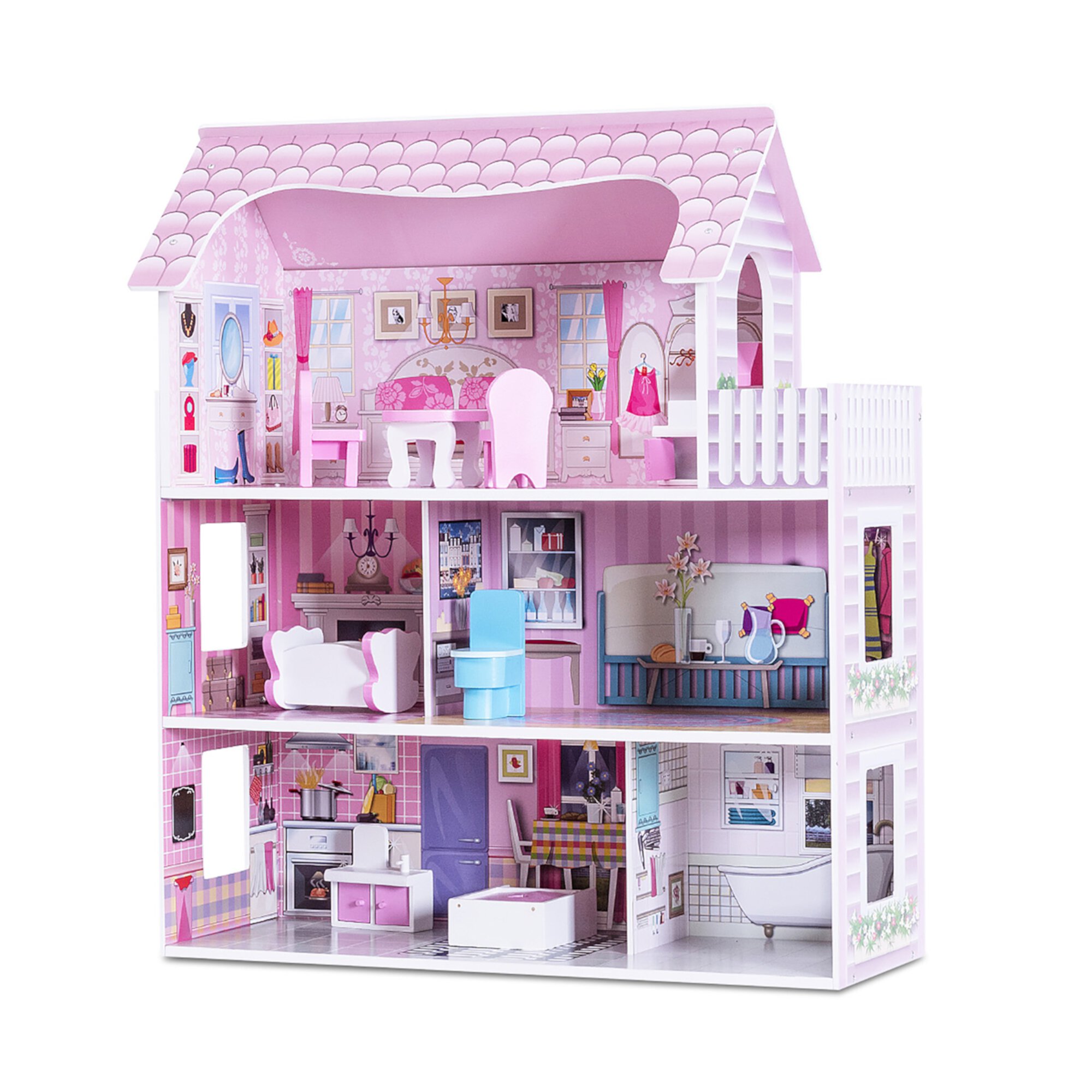 Gymax 28'' Pink Dollhouse w/ Furniture Gliding Elevator Rooms 3 Levels Young Girls Toy GYMAX