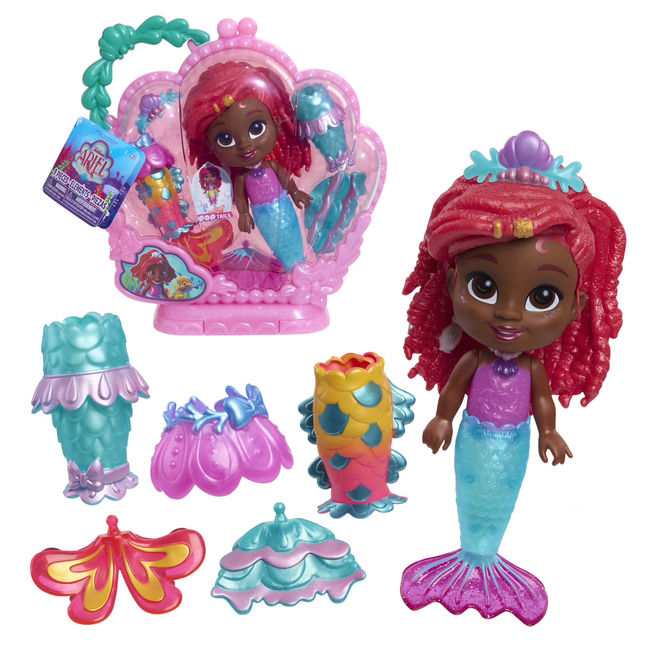 Disney Junior Pop Tails Ariel 7-inch Doll and Accessories, 9-pieces Baby and Toddler Toys The Little Mermaid