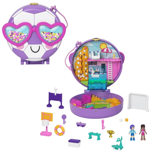 Polly Pocket Soccer Squad Compact Playset with 2 Micro Dolls & Accessories, Travel Toy Polly Pocket