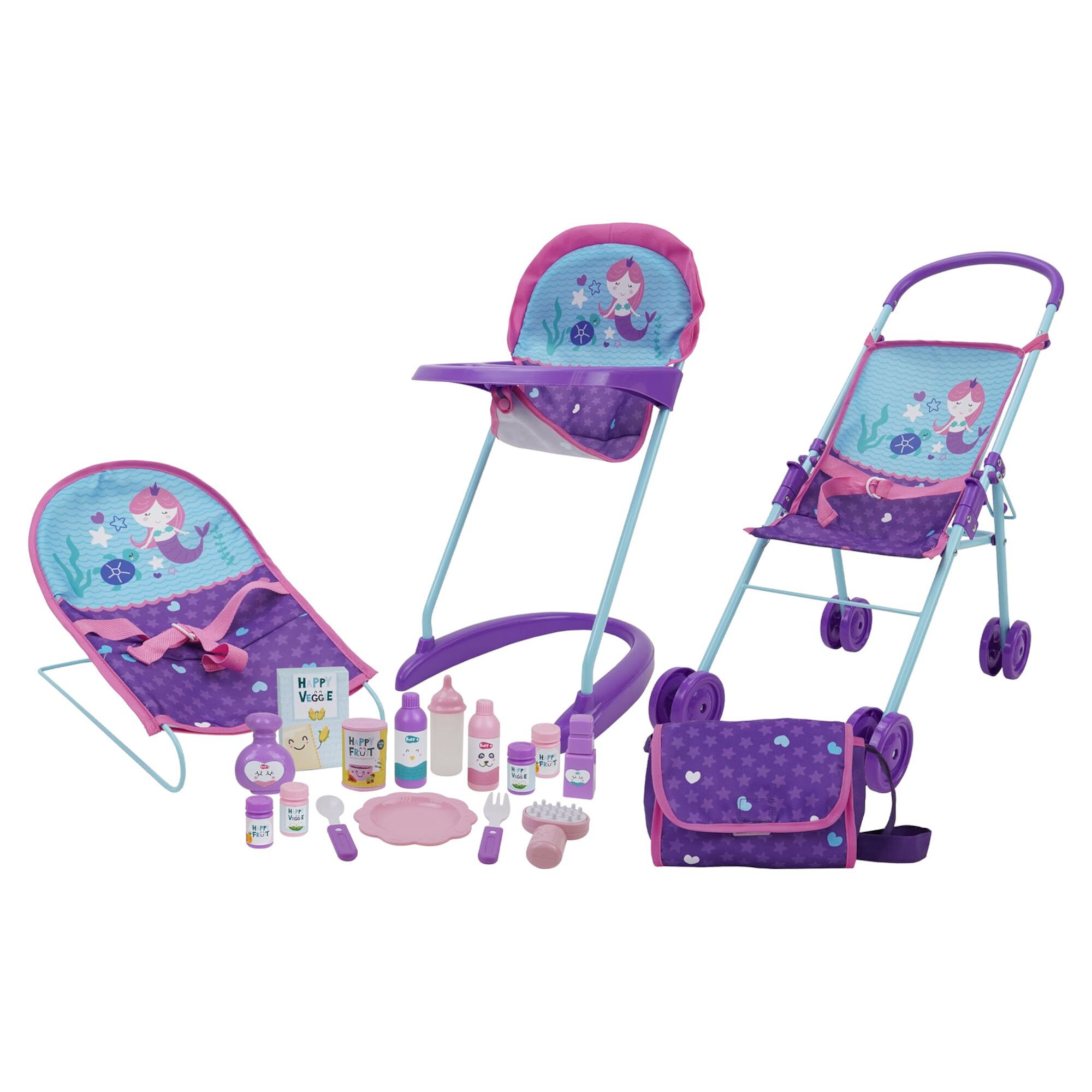 509 Mermaid 19 Piece Doll Travel, Feed, Sleep n Play Set - Folding Doll Stroller, Bouncer, Highchair, Diaper Bag/Handbag, Kids 3+ 509 Crew