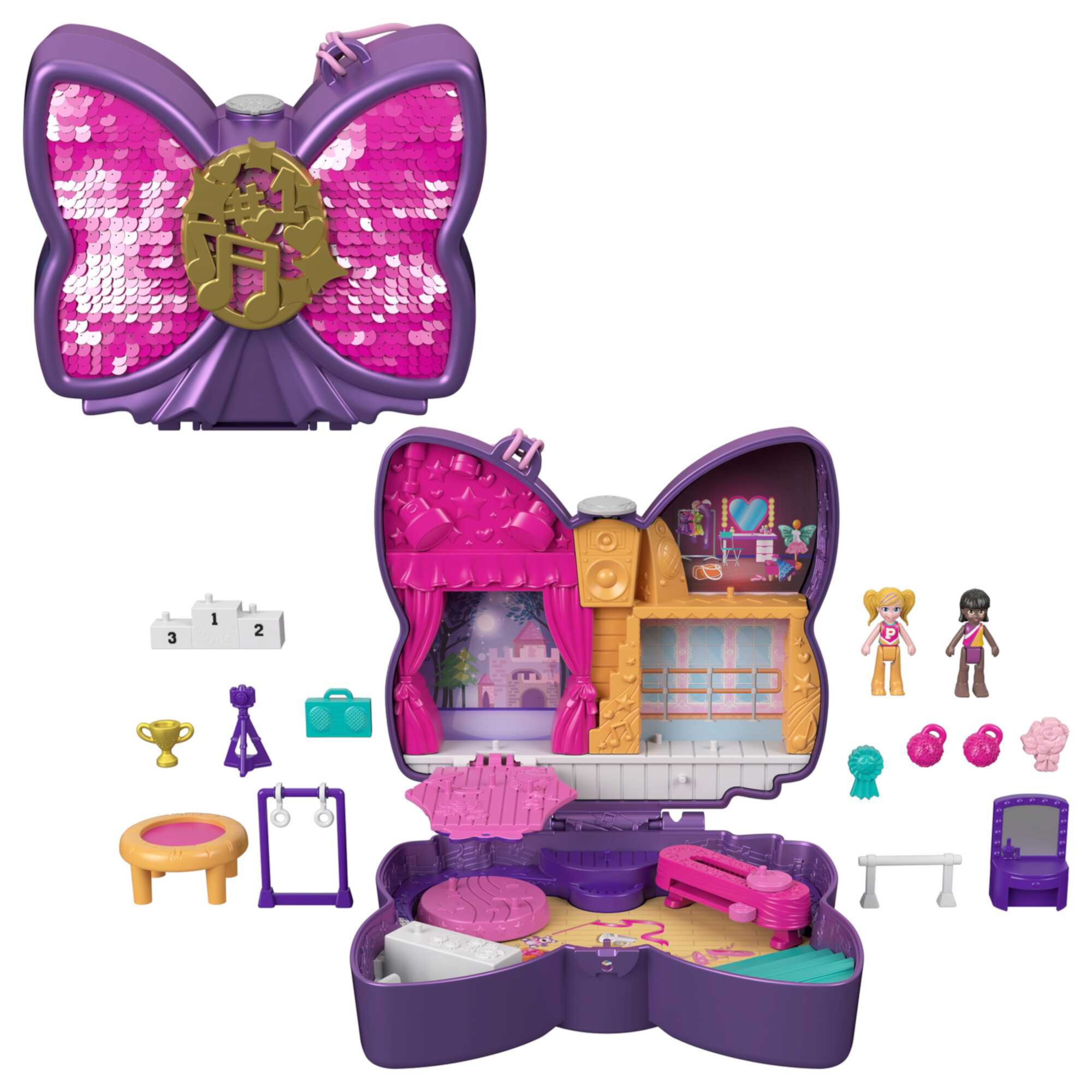 Polly Pocket Sparkle Stage Bow Compact Playset with 2 Micro Dolls & Accessories, Travel Toy Polly Pocket