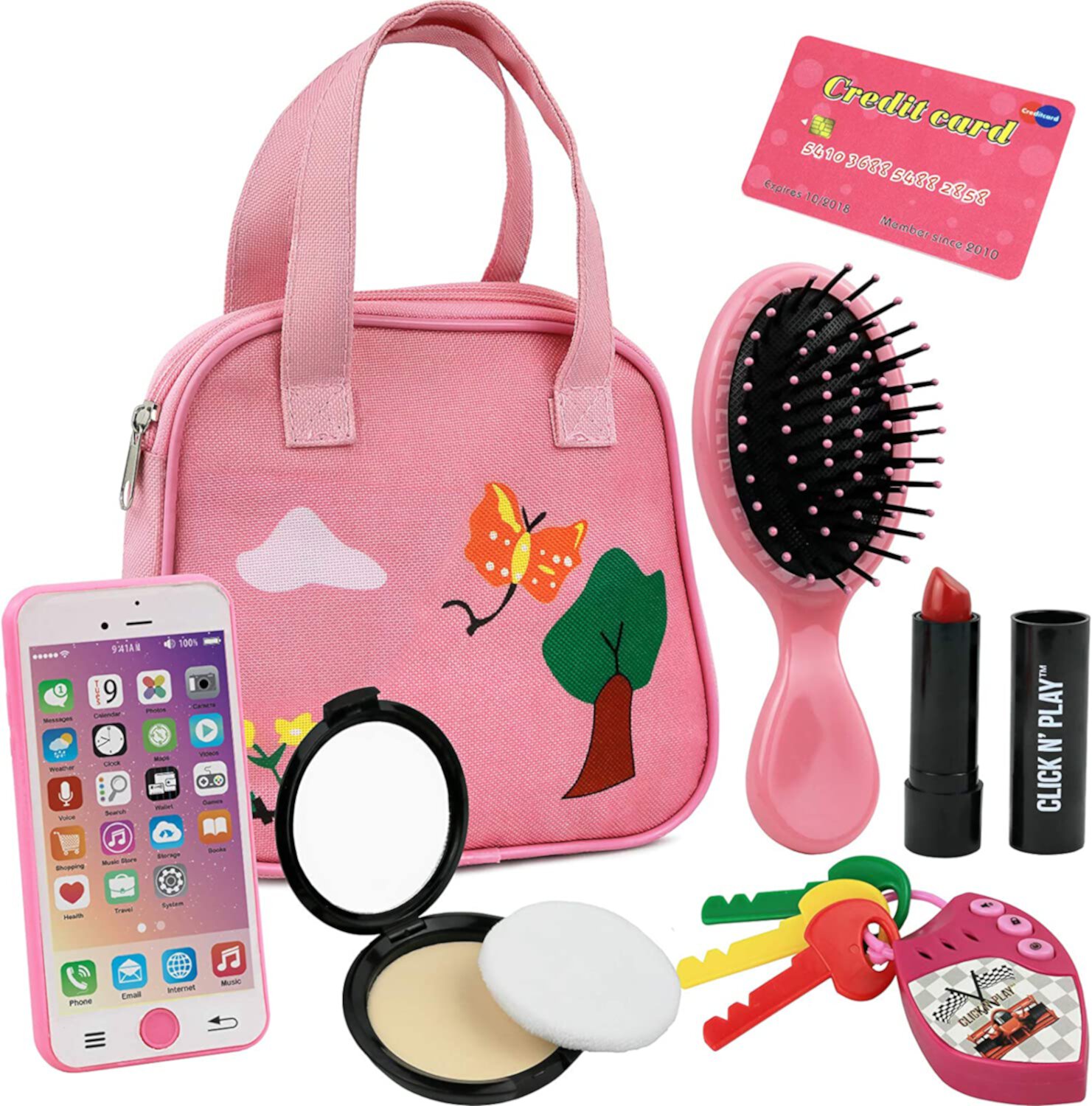 Click N' Play 8 Piece Little Girls Pretend Play Purse Loaded with Every Day Accessories such as pretend makeup cosmetics Click N' Play