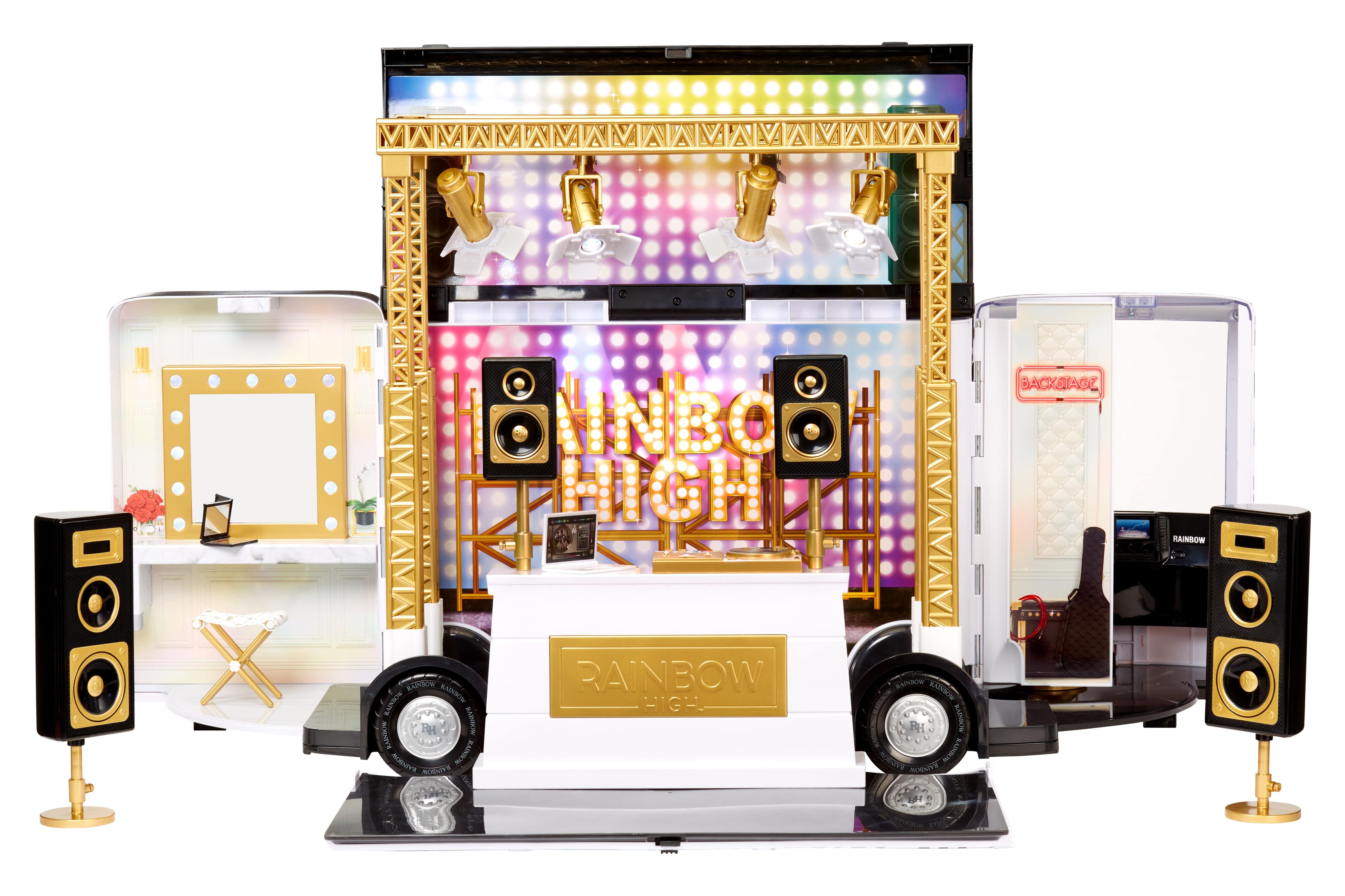 Rainbow High Rainbow Vision World Tour Bus & Stage, 4-in-1 Doll Playset with Lights, 33" Wide Rainbow High