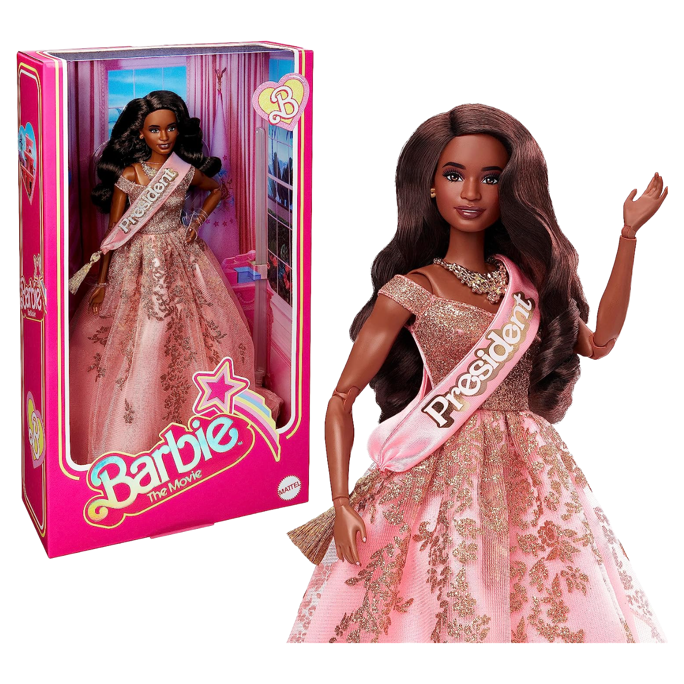 Barbie The Movie Doll, President Collectible Wearing Shimmery Pink & Gold Dress with Sash Barbie