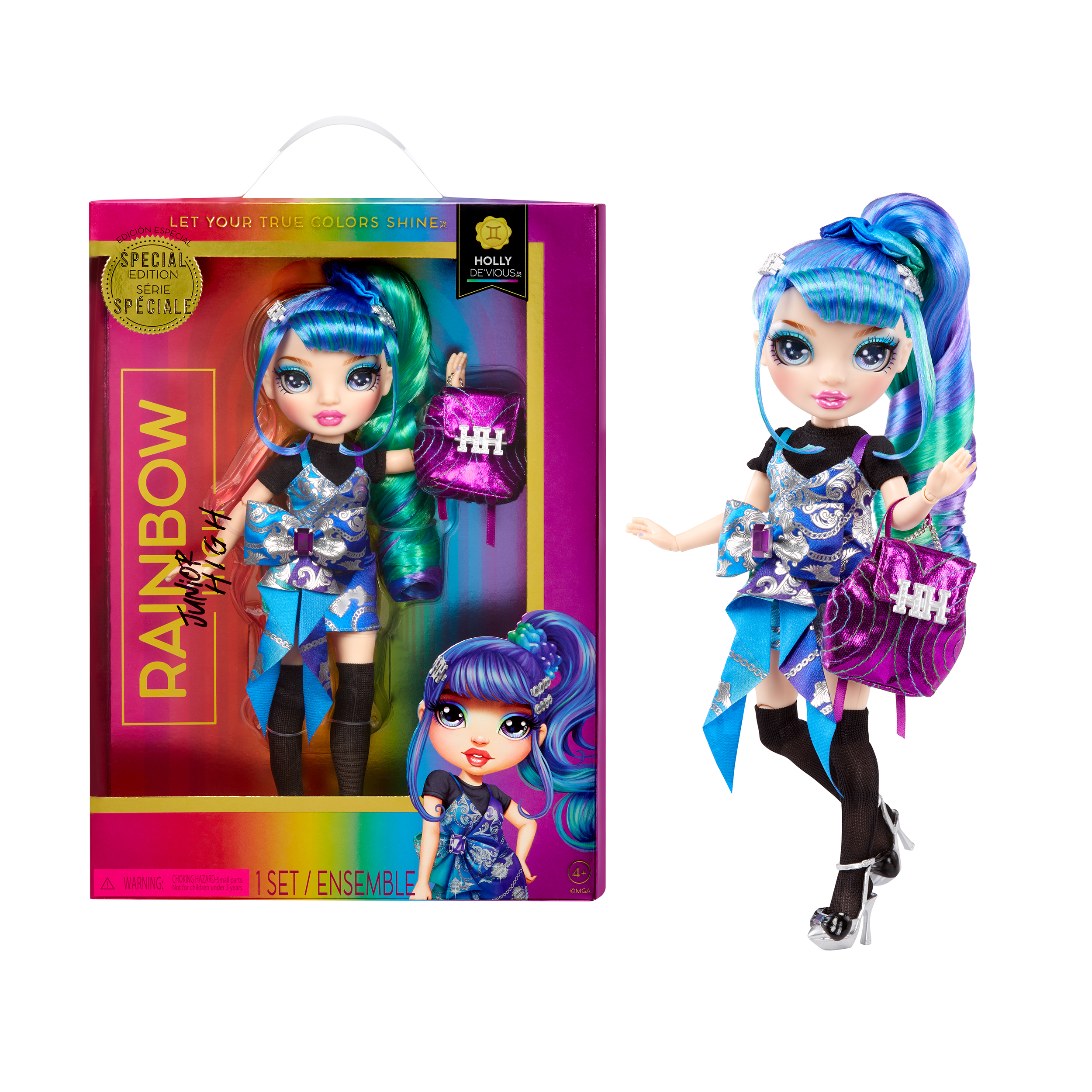 Rainbow Jr High Special Edition Holly De’Vious, 9" Blue and Green Posable Fashion Doll, Accessories, Soft Backpack. Toy Gift Kids Ages 4-12 Rainbow High