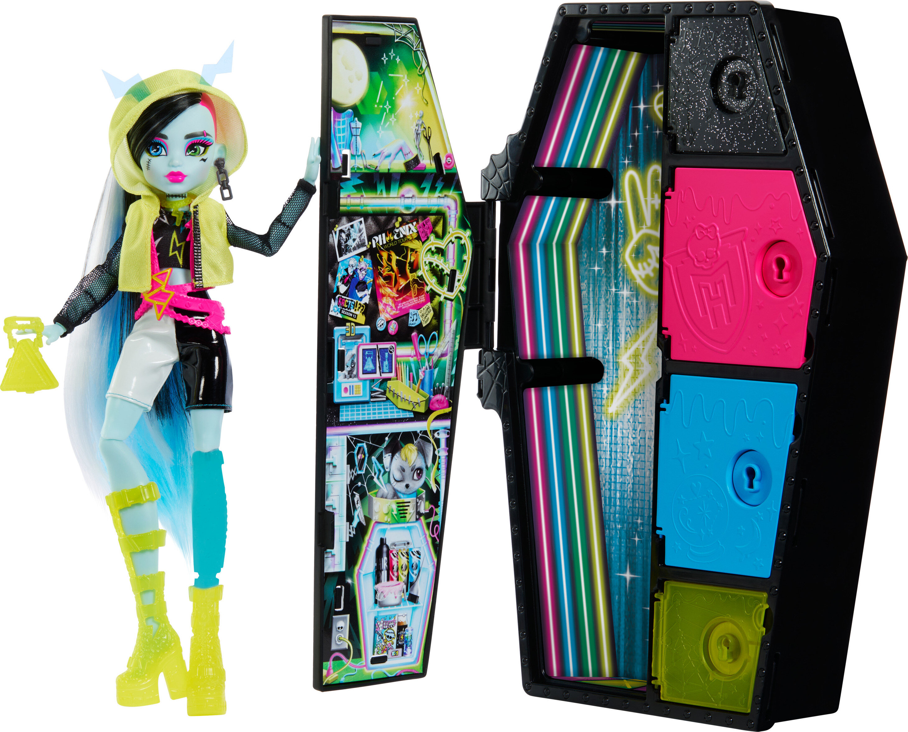 Monster High Doll Skulltimate Secrets: Neon Frights Frankie Stein with Vampire Dress-Up Locker Monster High