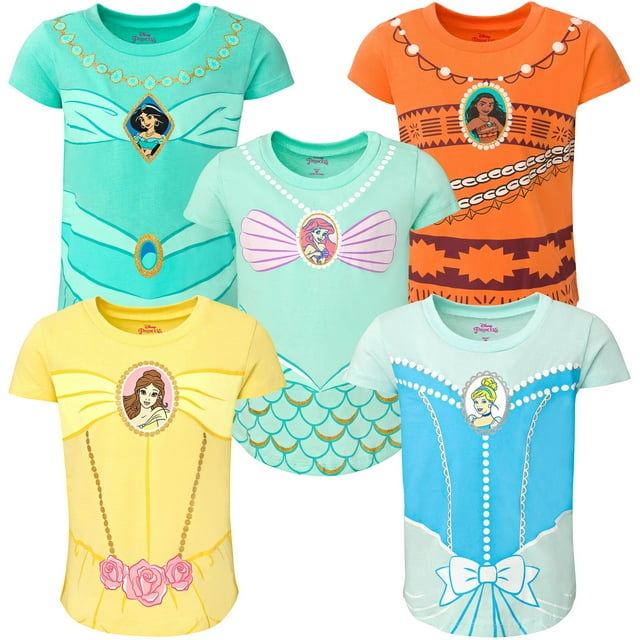 Disney Princess Moana Jasmine Belle Toddler Girls 5 Pack T-Shirts Toddler to Big Kid Disney Princess