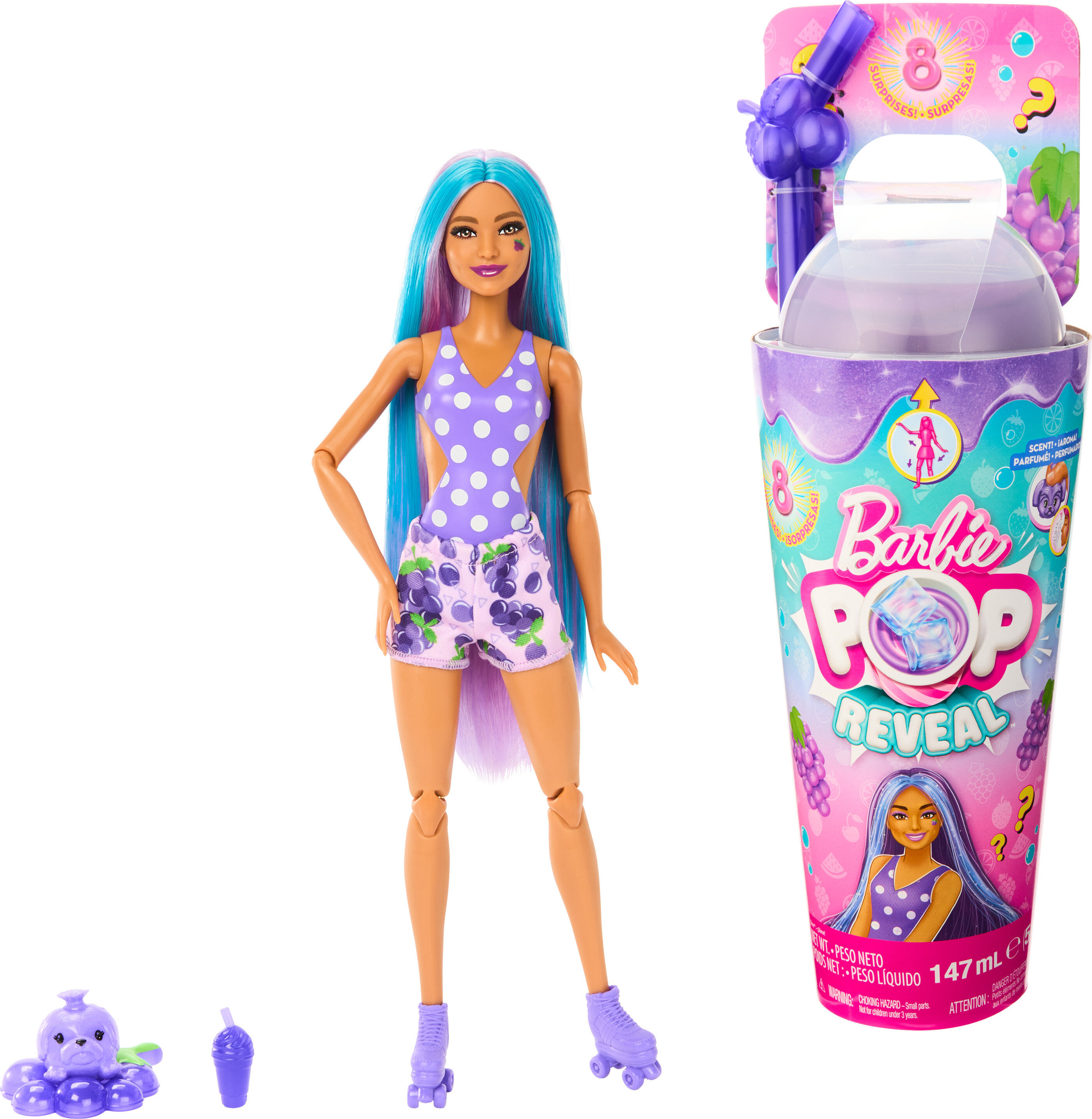 Barbie Pop Reveal Fruit Series Grape Fizz Doll, 8 Surprises Include Pet, Slime, Scent & Color Change Visit the Barbie Store