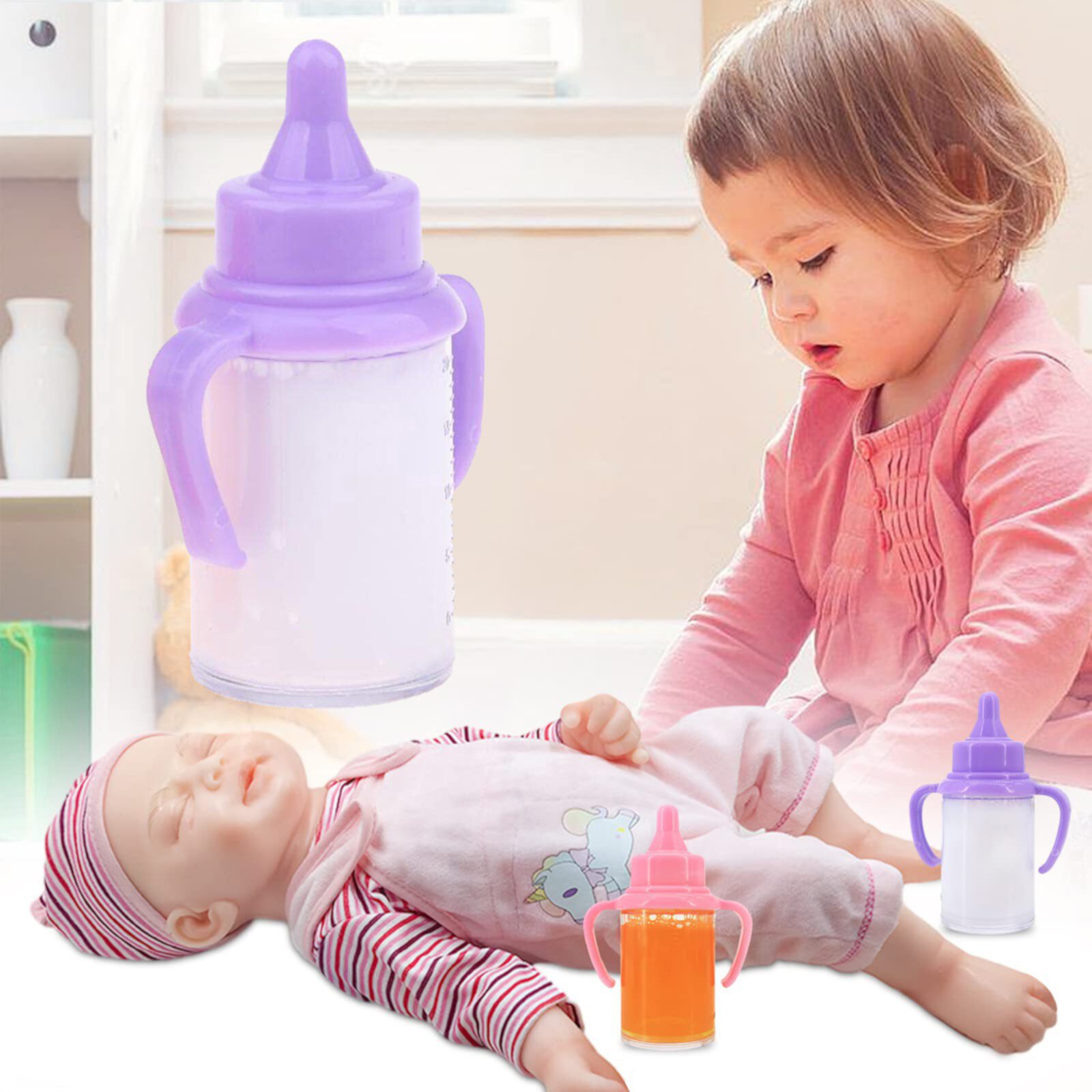 Earthquake in The Early Morning 2pcs Baby Dolls Feeding Bottle Set Doll Accessory Disappearing Milk Juice Pretend Play Toy For Kids 45ml Sandistore