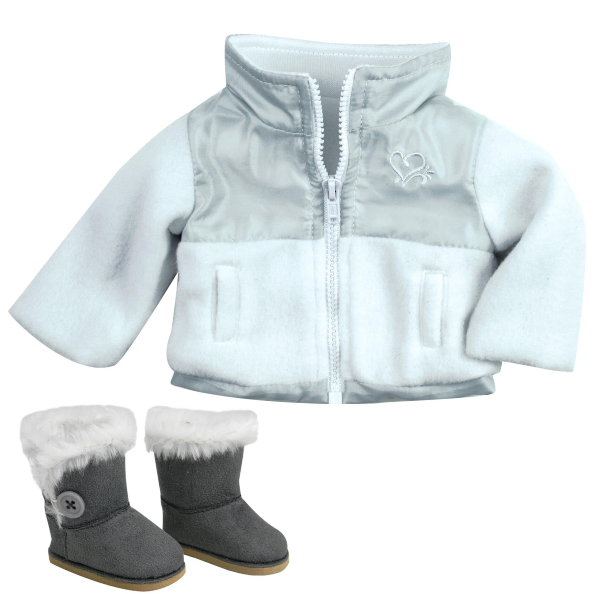 Sophia's Fleece Zip-Up Jacket with Faux Suede Ewe Boots for 18" Dolls, White/Gray Sophia's