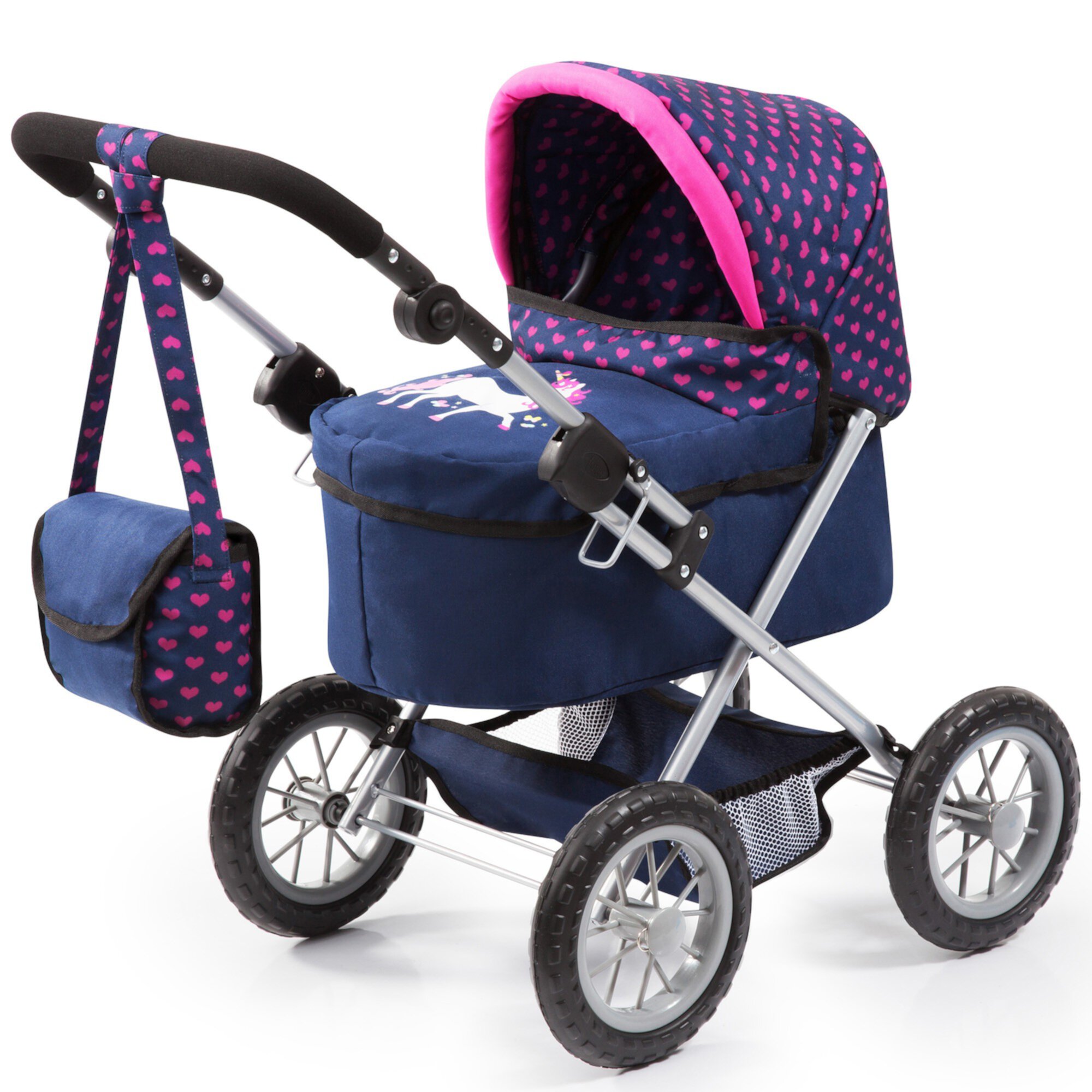 Bayer Design Doll Blue/Pink Trendy Pram W/ Shoulder Bag, Adjustable Handle, Shopping Basket, Easy To Fold, Children Ages 3+ Bayer Design