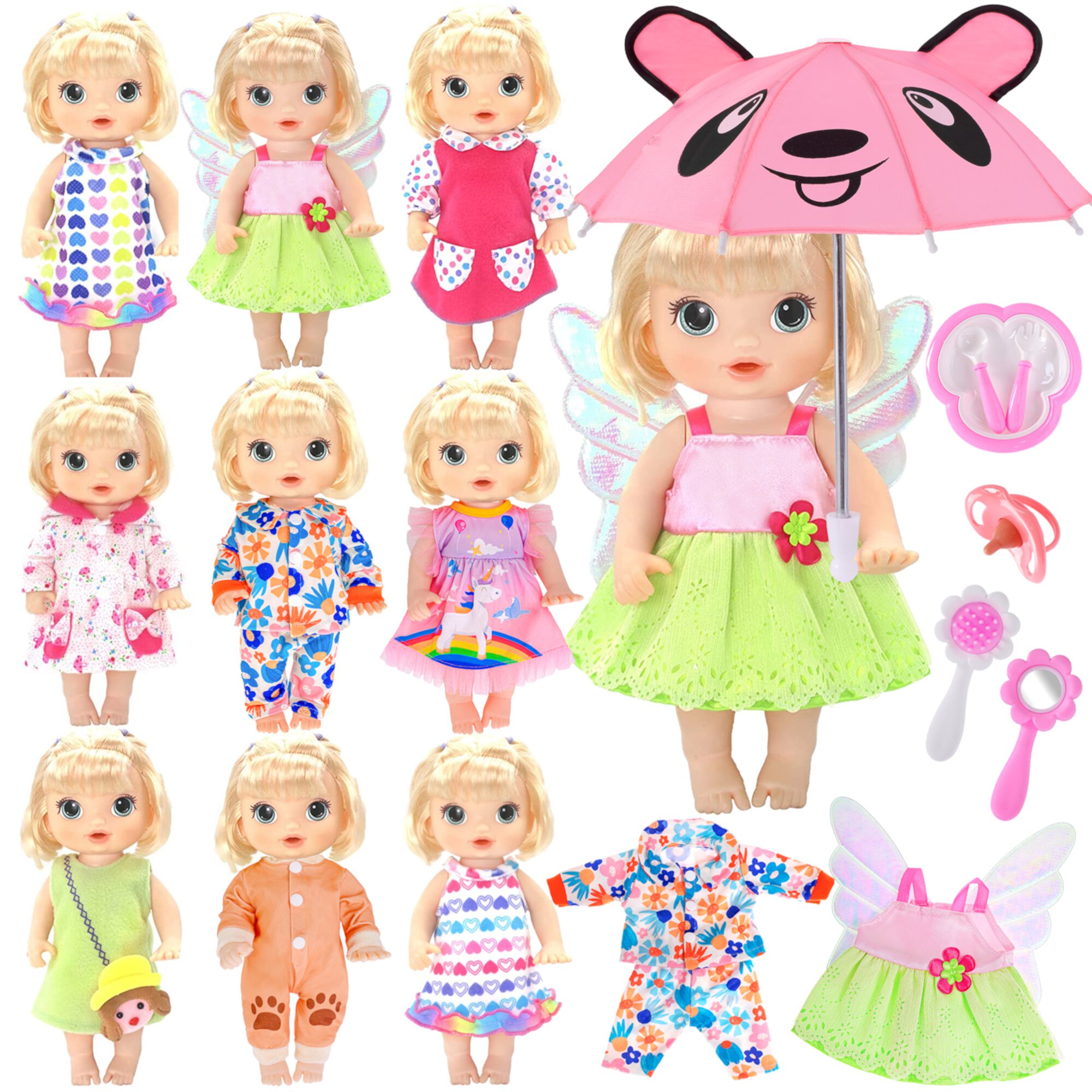 9pc Doll Clothes and 7pc Doll Accessories Umbrella for 12-15'' Bitty Alive Girl Baby Dolls (No Doll) Ebuddy