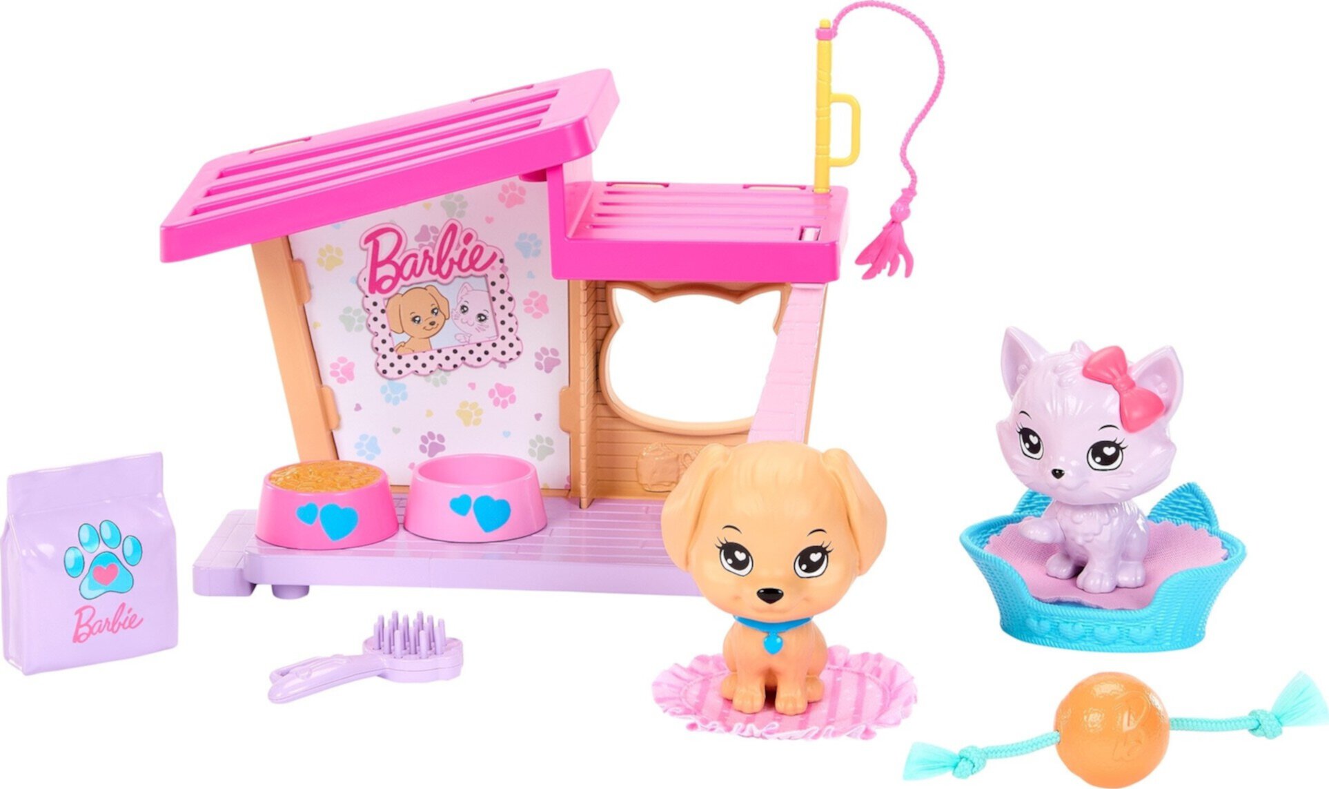 My First Barbie Accesorios para el Cuidado de Mascotas para Muñecas en Edad Preescolar, Casa para Perros con Perro y Gato, Escala de 13,5 Pulgadas Barbie