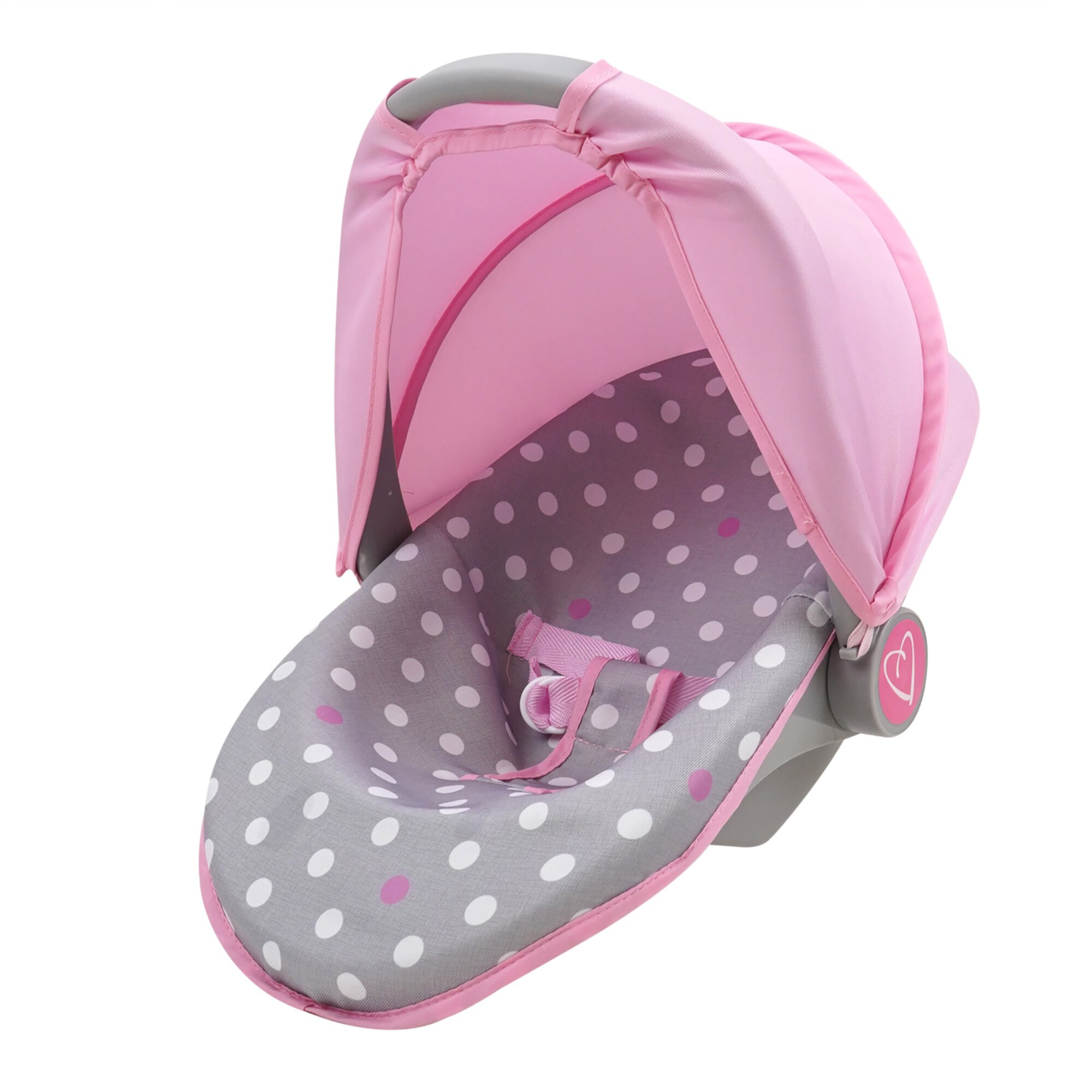 Cotton Candy Pink 3-In-1 Doll Car Seat in Grey Polka Dots, Fits Dolls Up to 18" 509 Crew