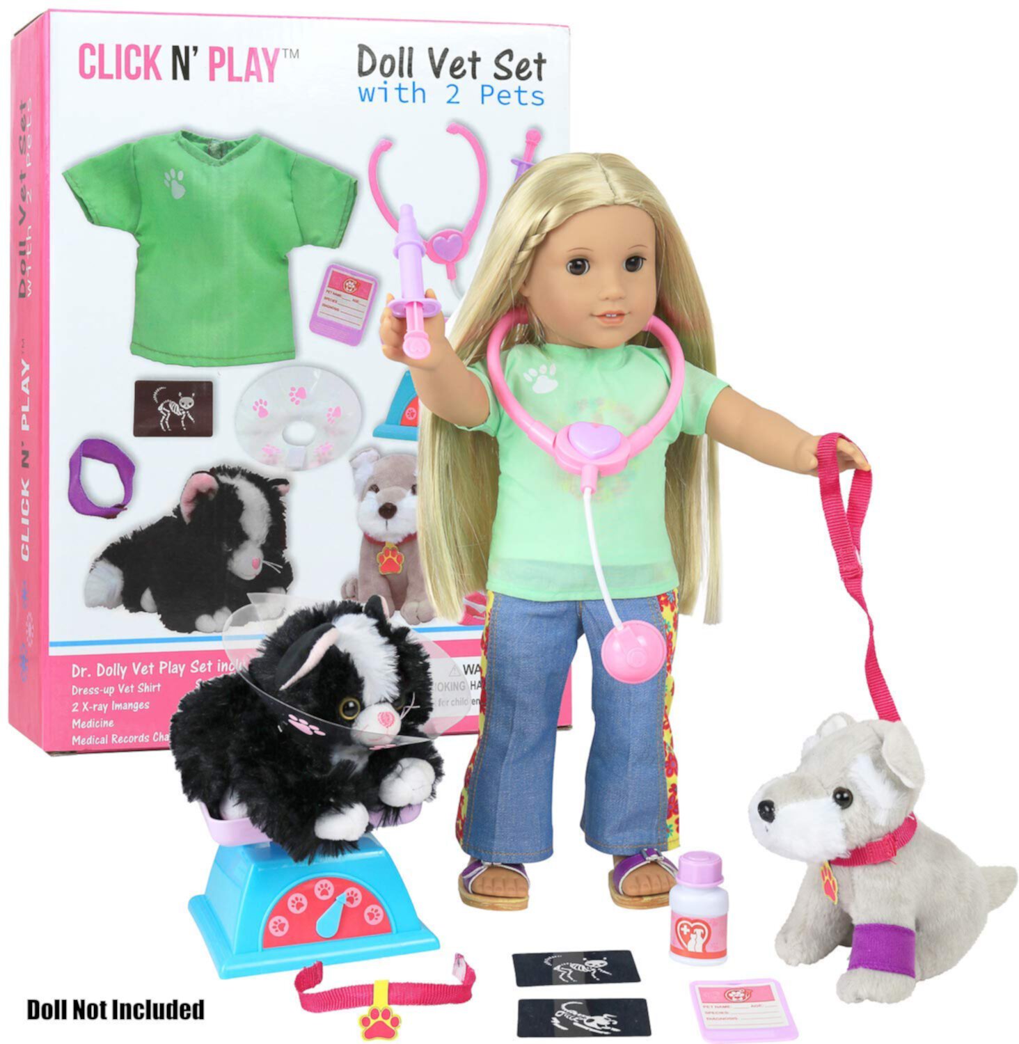 Click N' Play Doll Vet Doctor Kit Set, Doll Accessories 12Piece Set Perfect for 18 inch American Girl Dolls Click N' Play