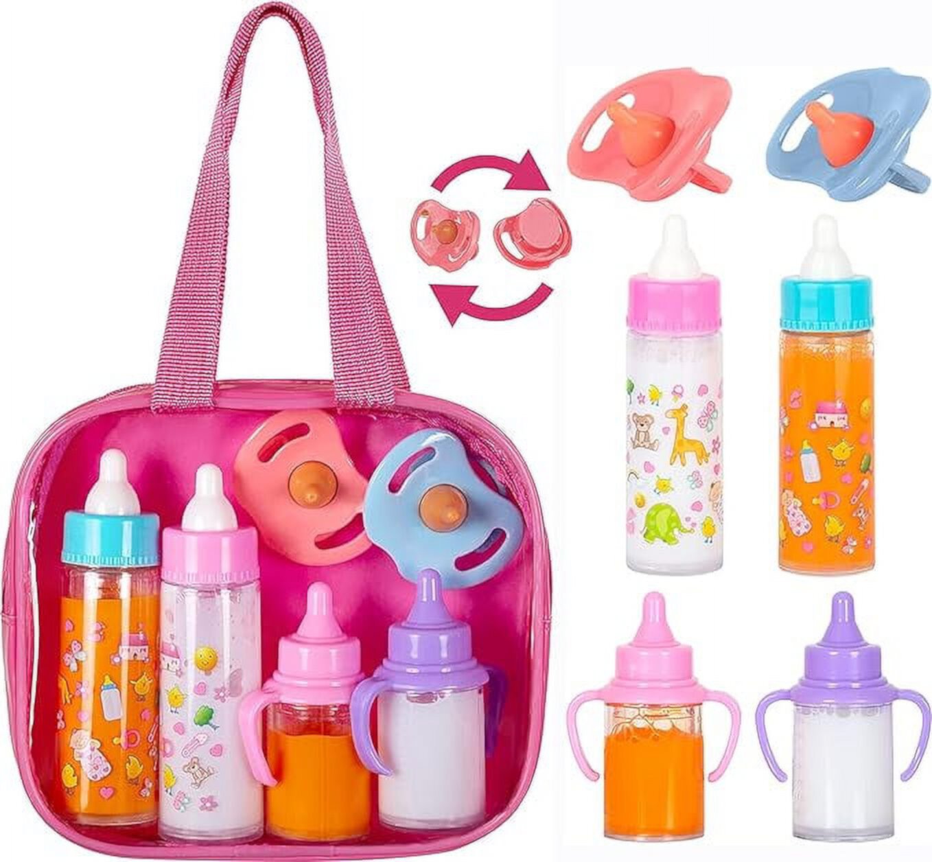 fash n kolor®, My Sweet Baby Disappearing Doll Feeding Set | Baby Care 6 Piece Doll Feeding Set for Toy Stroller | 2 Milk & Juice Bottles with 2 Toy Pacifier for Baby Doll, Fash n kolor