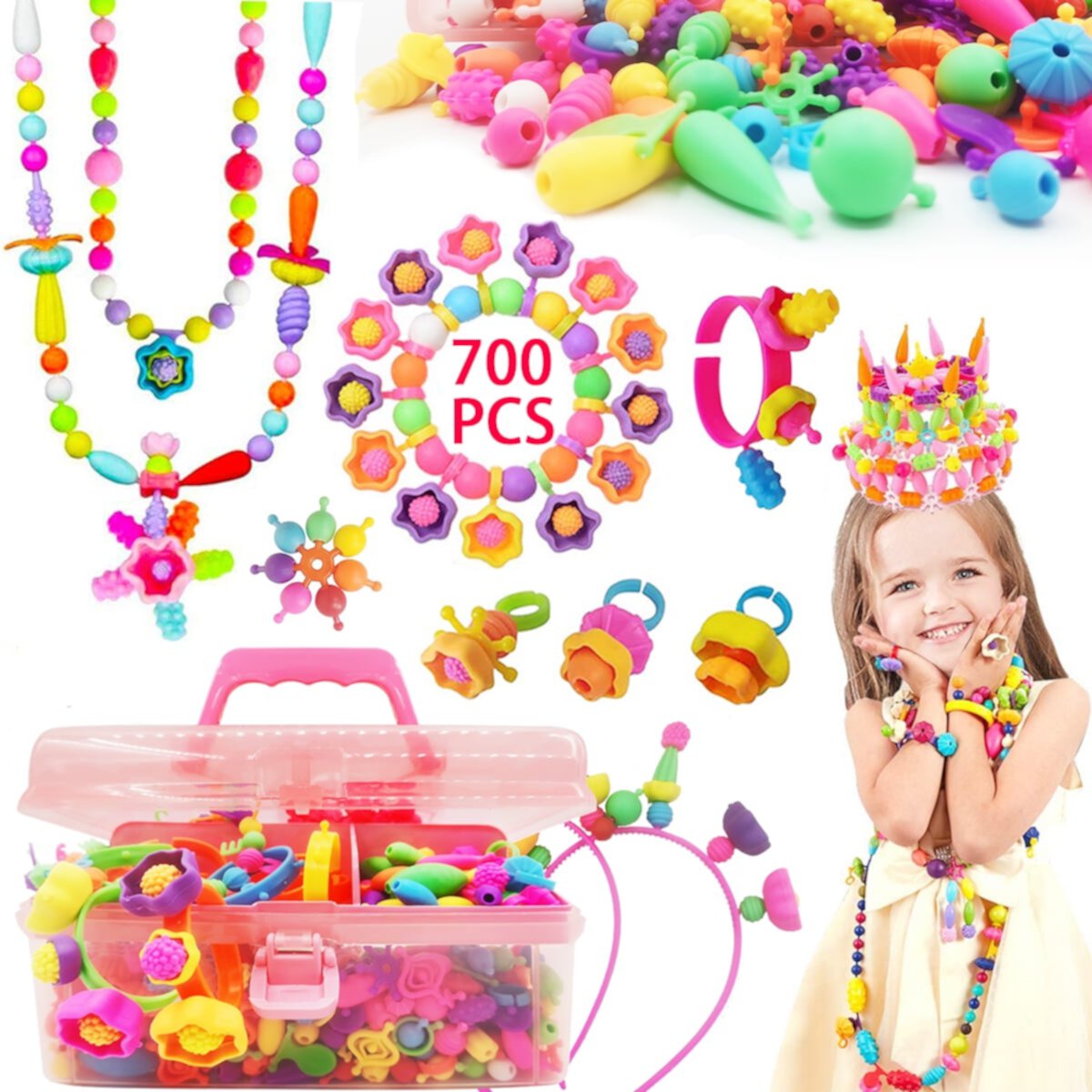 Pop Beads, 700+ Pcs Jewelry Making Kit, DIY Arts and Crafts for Age 3, 4, 5, 6, 7 Year Old Girls, Kids Creative DIY Set with Necklace, Bracelet, Rings Qishi