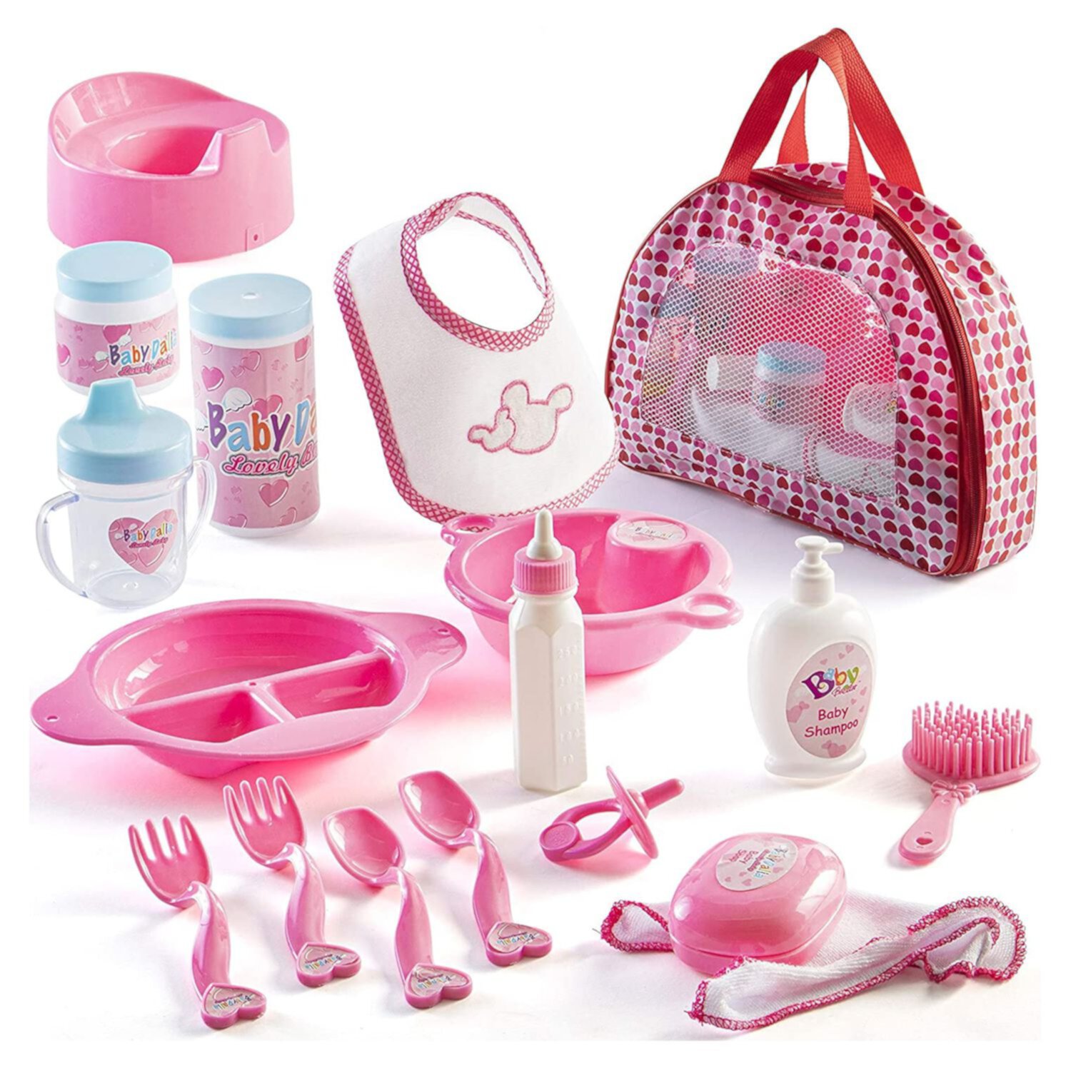 Prextex 18-Piece Baby Doll Accessory Set In Zippered Carrying Case - Doll Feeding Toys, Fashion, Bath Accessories, Bottle, Hair Brush. Perfect for Kids, Toddlers and Girls Prextex