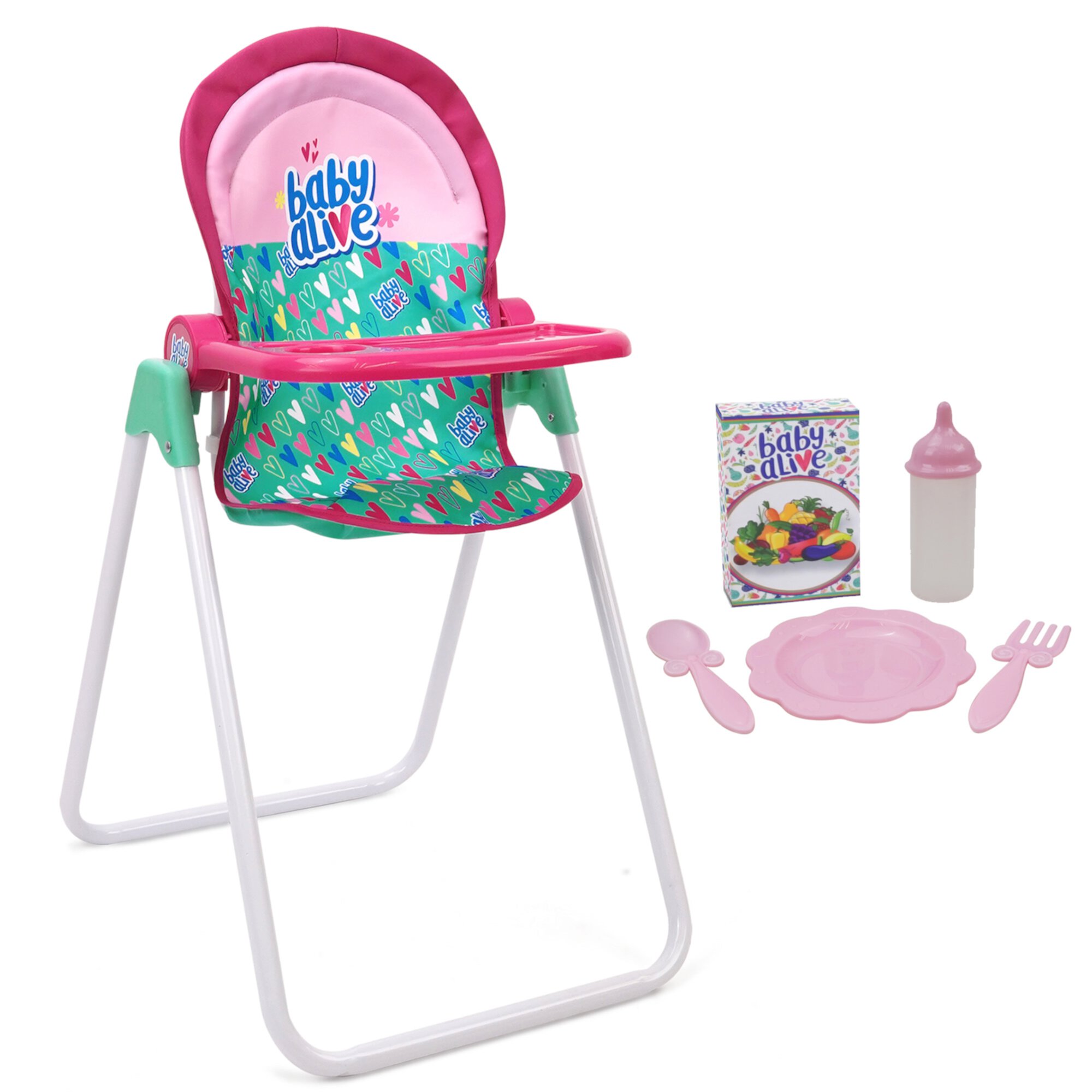 Baby Alive: Doll Highchair Set - Green, Pink, Hearts - For Dolls Up To 24", 5 Matching Feeding Accessories, Rotating Seat, Folding, Kids Toy Ages 3+ Baby Alive