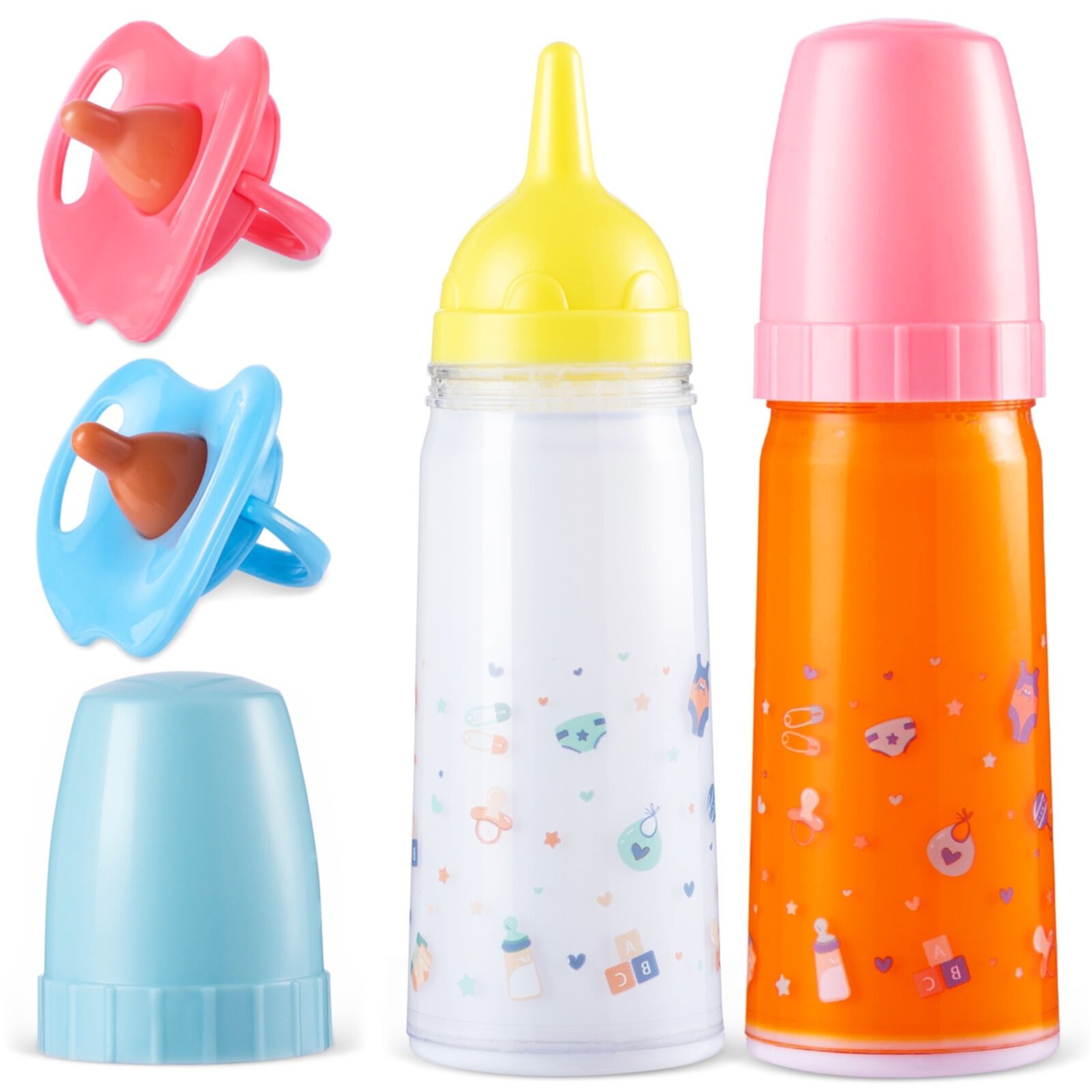 SYNCFUN Baby Doll Magic Bottle Set, 2 Disappearing Magic Milk & Juice Bottles with Caps and 2 Toy Pacifiers for Girls Christmas Birthday Gift SYNCFUN