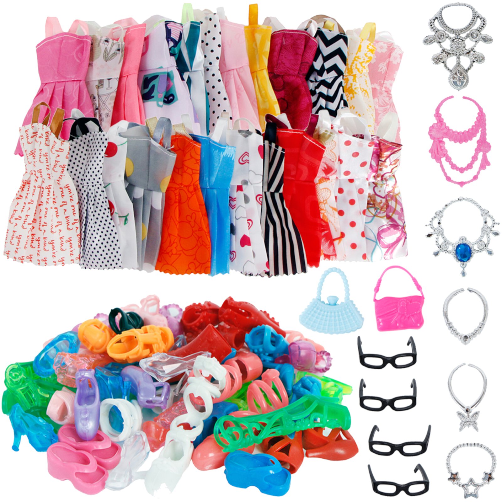 32 Item/Set Doll Accessories=10 Mix Fashion Cute Dress+ 4 Glasses+ 6 Necklaces+2 Handbag+ 10 Shoes Dress Clothes For Barbie Doll KITPIPI