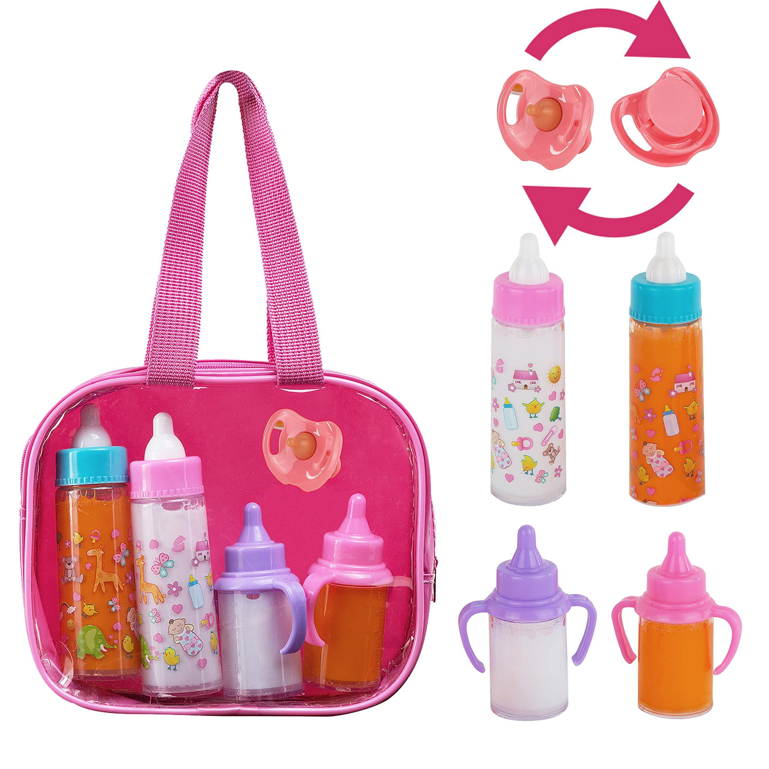 fash n kolor My Sweet Baby Doll Bottles with Disappearing Milk Baby Doll Accessories - 4 Milk & Juice Bottles with 2 Baby Doll Pacifier for Baby Doll Food Set Fash n kolor