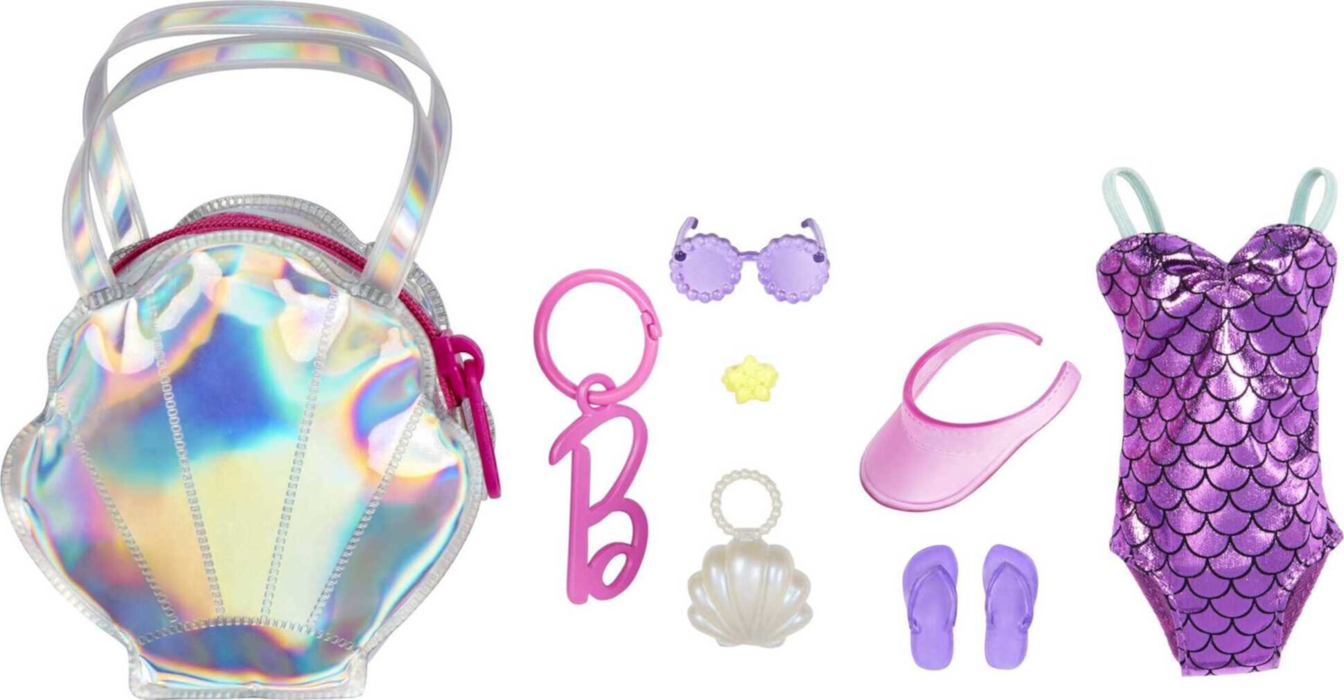 Barbie Clothes, Deluxe Clip-on Beach Bag with Swimsuit and 5 Themed Accessories Visit the Barbie Store