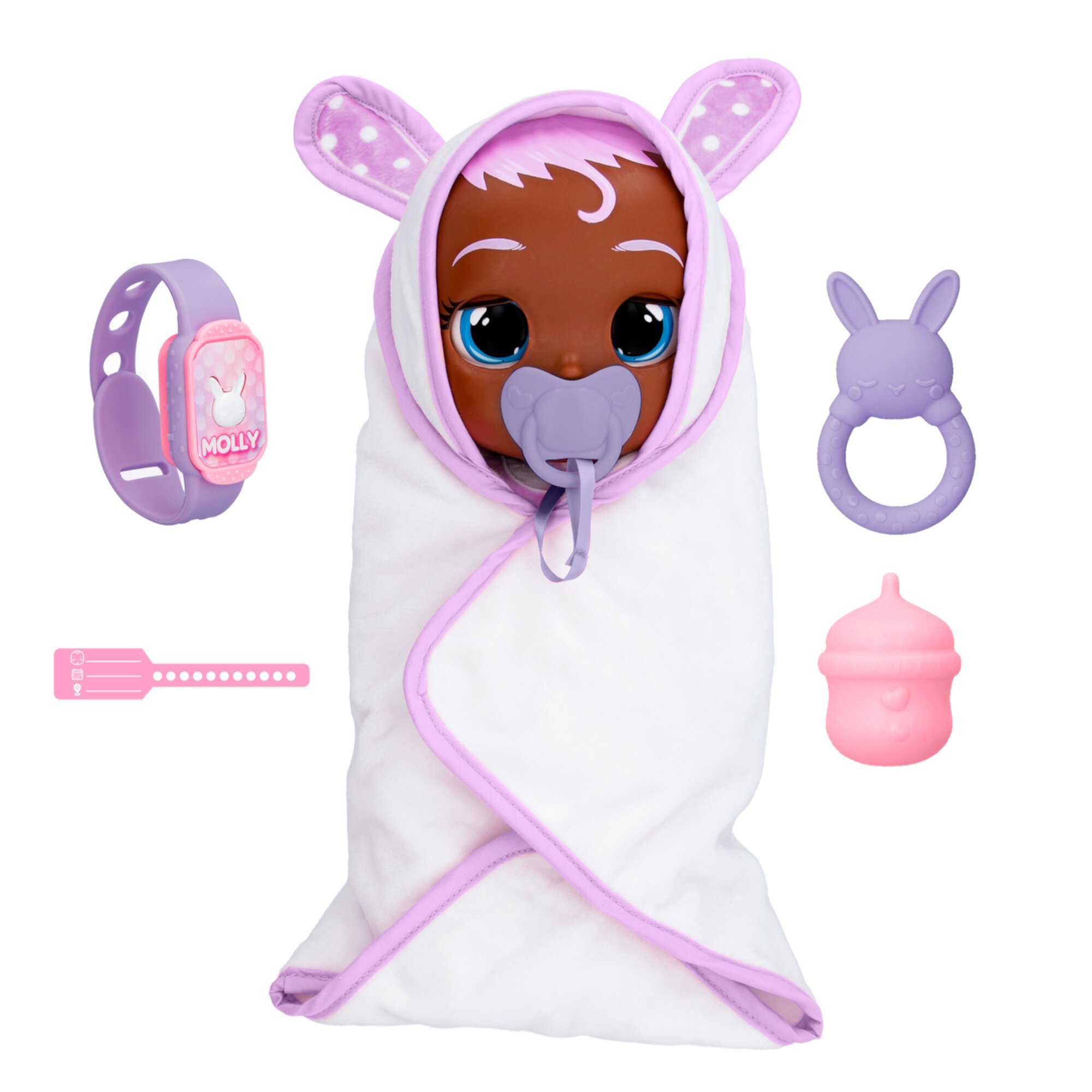 Cry Babies Newborn Molly Interactive Baby Doll with 20+ Baby Sounds and Interactive Bracelet - Kids Ages 18 months and up Cry Babies