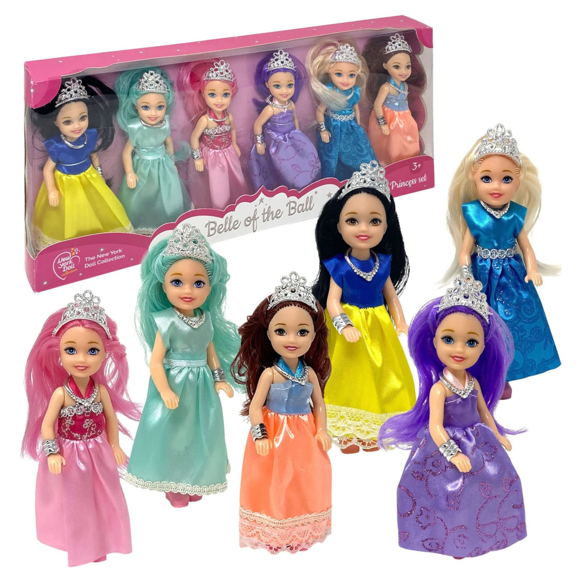 Little Dolls Set with Mini Princess Dolls for Girls – Princess Toy Dolls for Dollhouse – Small Doll Mini Princess Figures with Tiaras, Hair, Accessories – Tiny 5.5” Miniature Mini Dolls Set of 6 The New York Doll Collection